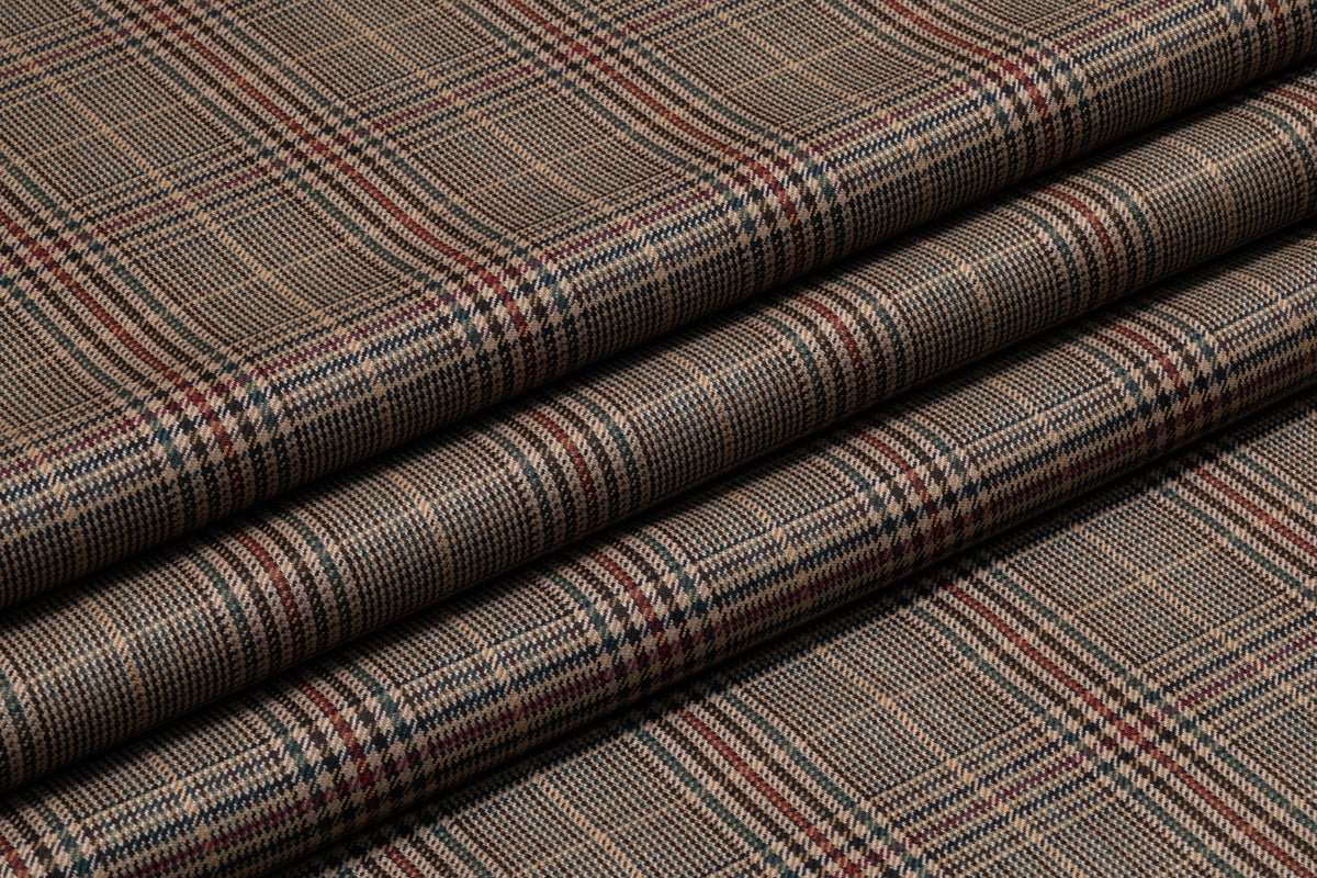 Plaid Italian Extra Fine Merino Wool Suiting - Taupe / Green / Burgundy