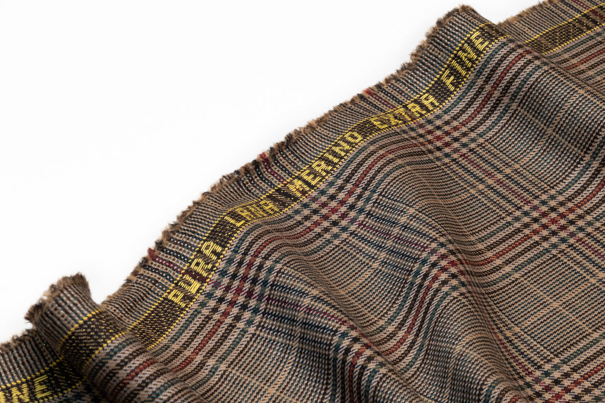 Plaid Italian Extra Fine Merino Wool Suiting - Taupe / Green / Burgundy