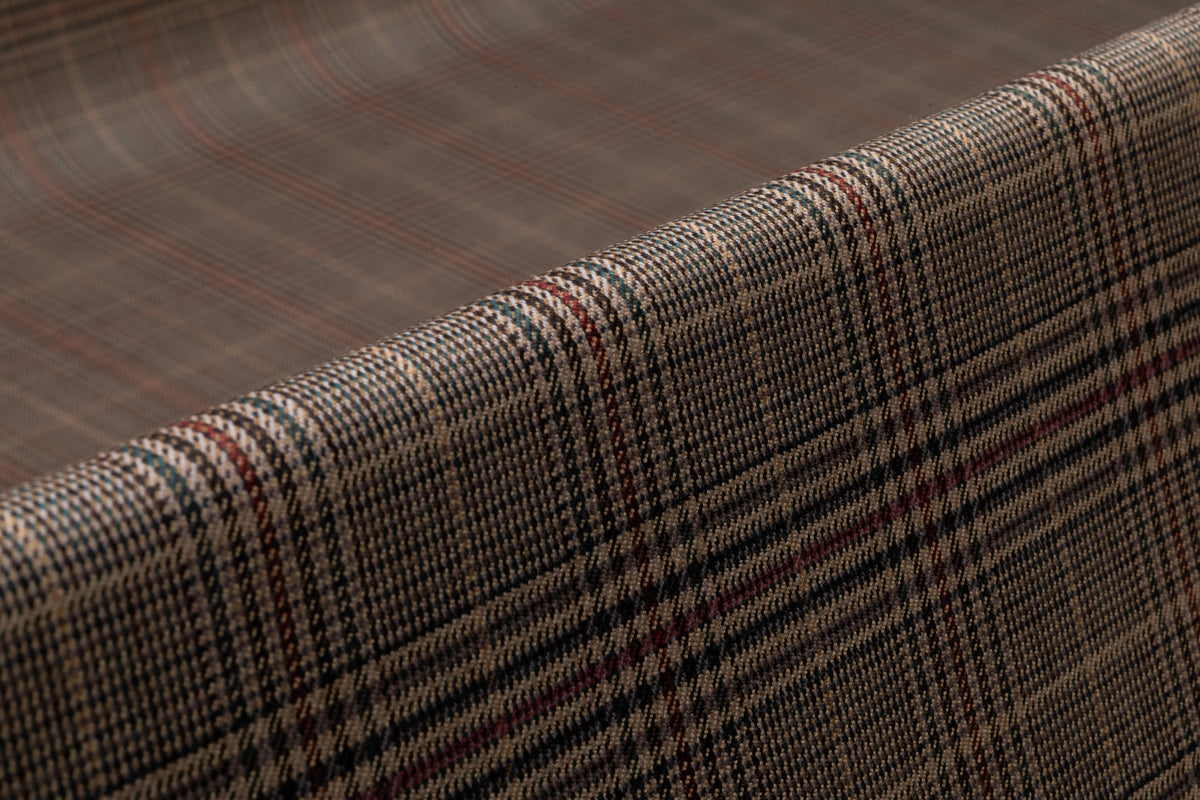 Plaid Italian Extra Fine Merino Wool Suiting - Taupe / Green / Burgundy