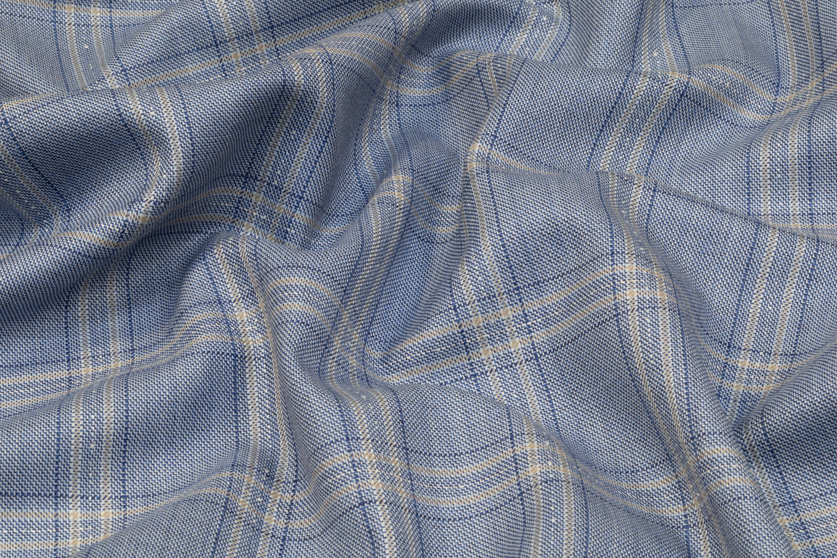 Textured Plaid Italian Wool Suiting - Blue / Tan