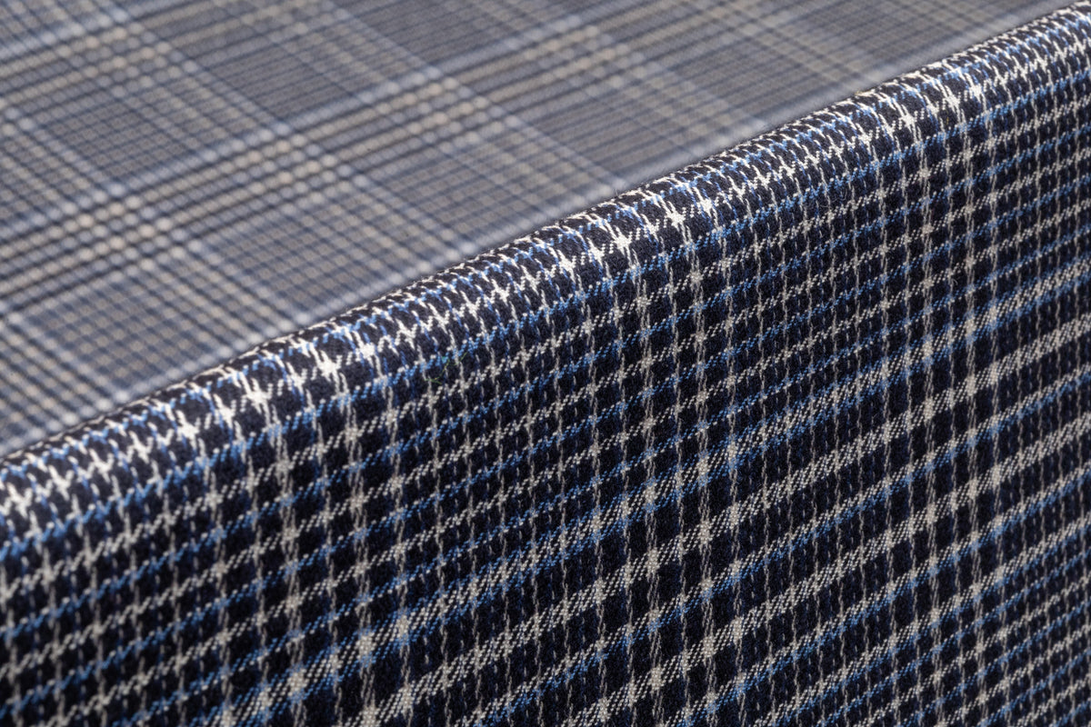Checked Italian Cotton Wool Suiting - Blue / White