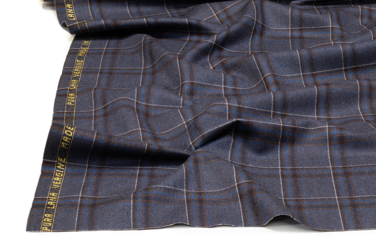 Plaid Italian Wool Suiting - Blue / Brown
