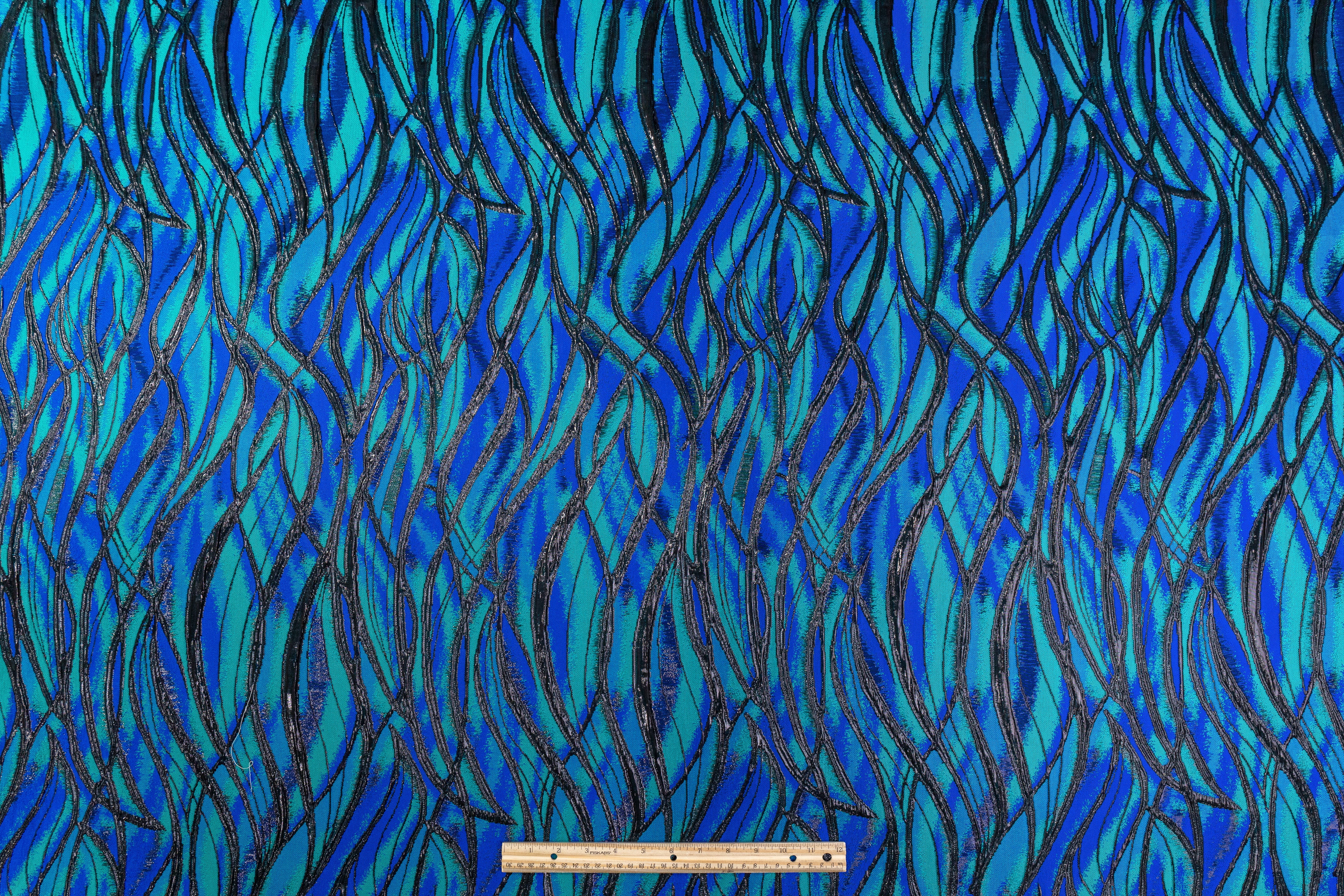 Abstract Metallic Cloqué Brocade - Blue / Green / Black