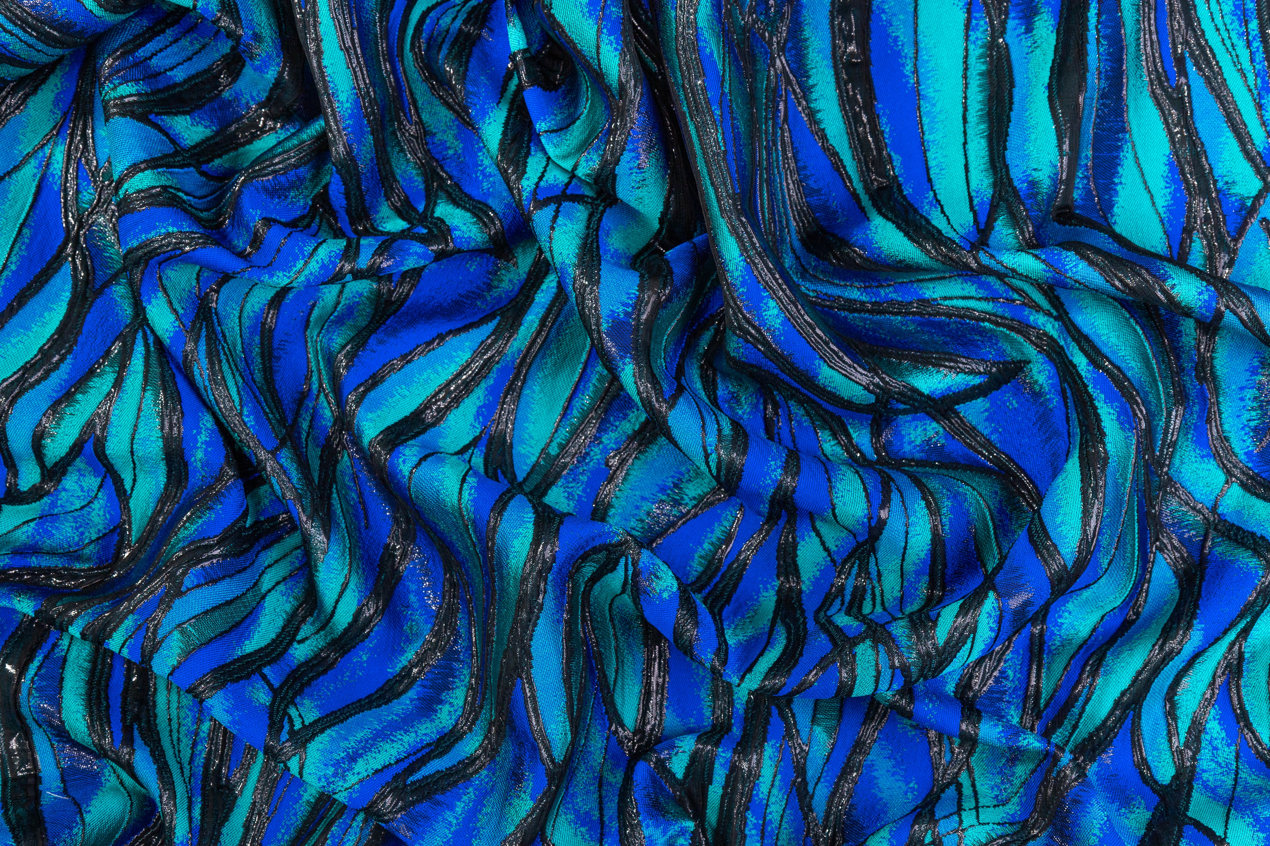 Abstract Metallic Cloqué Brocade - Blue / Green / Black
