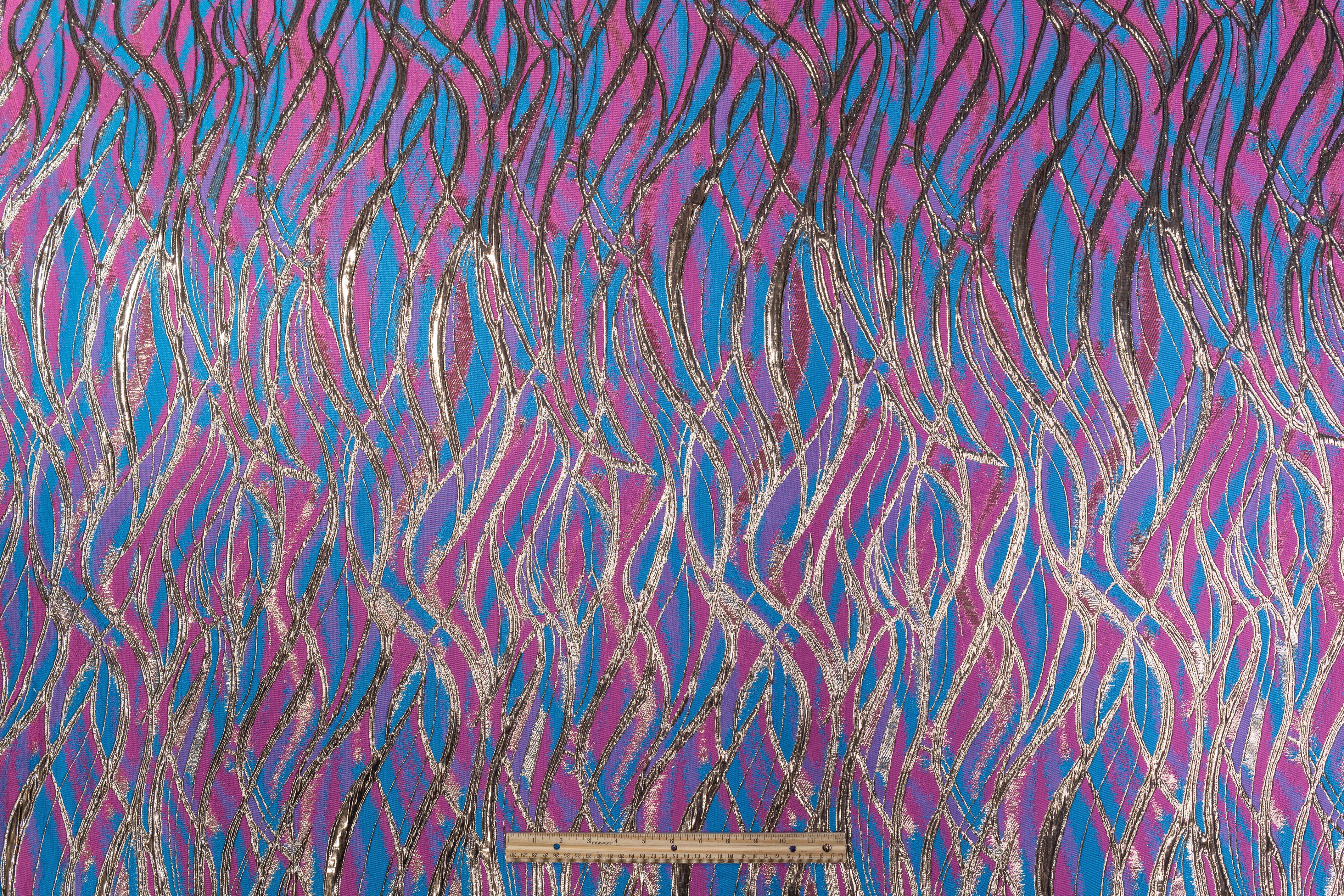 Abstract Metallic Cloqué Brocade - Blue / Pink