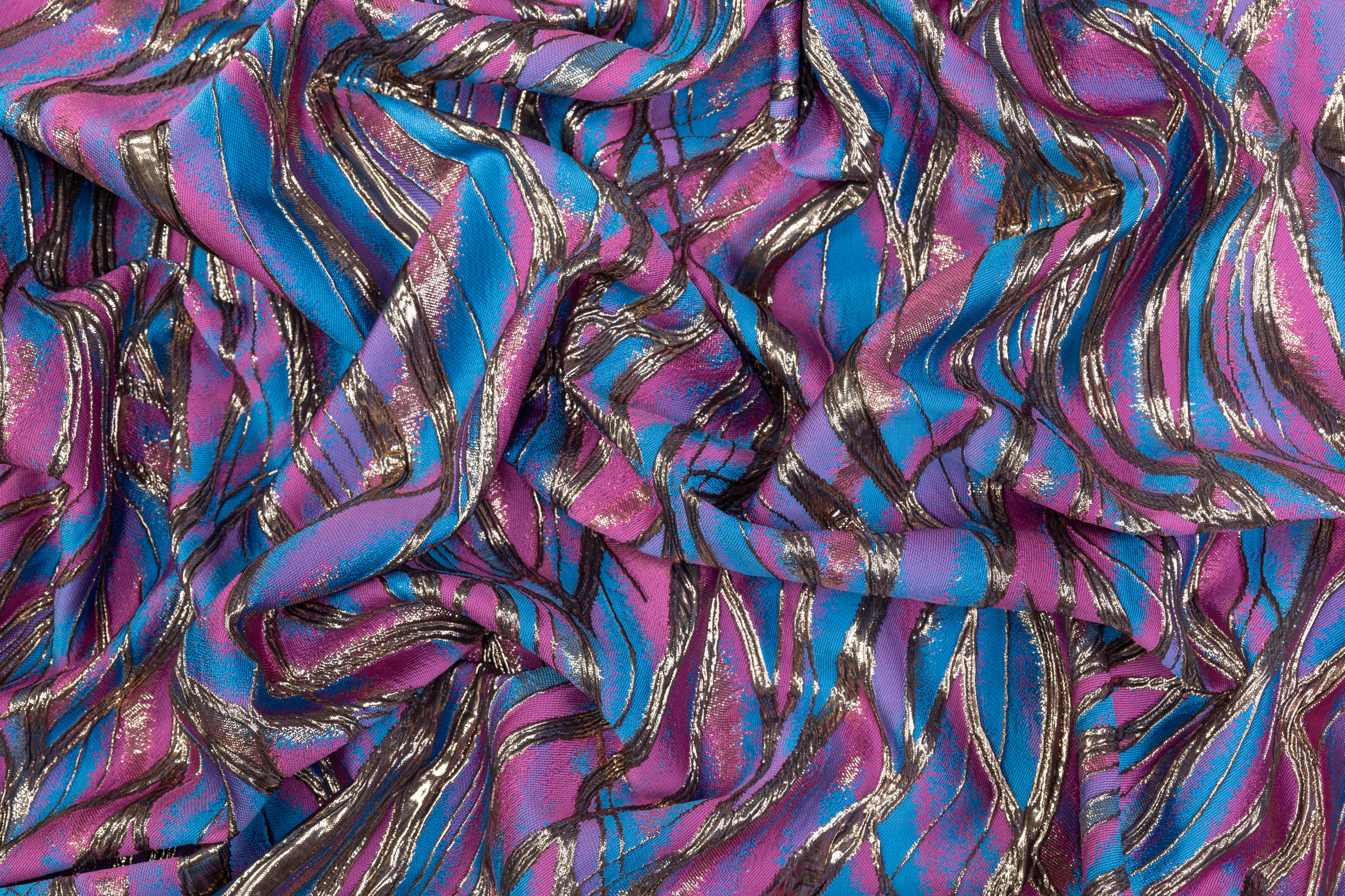 Abstract Metallic Cloqué Brocade - Blue / Pink