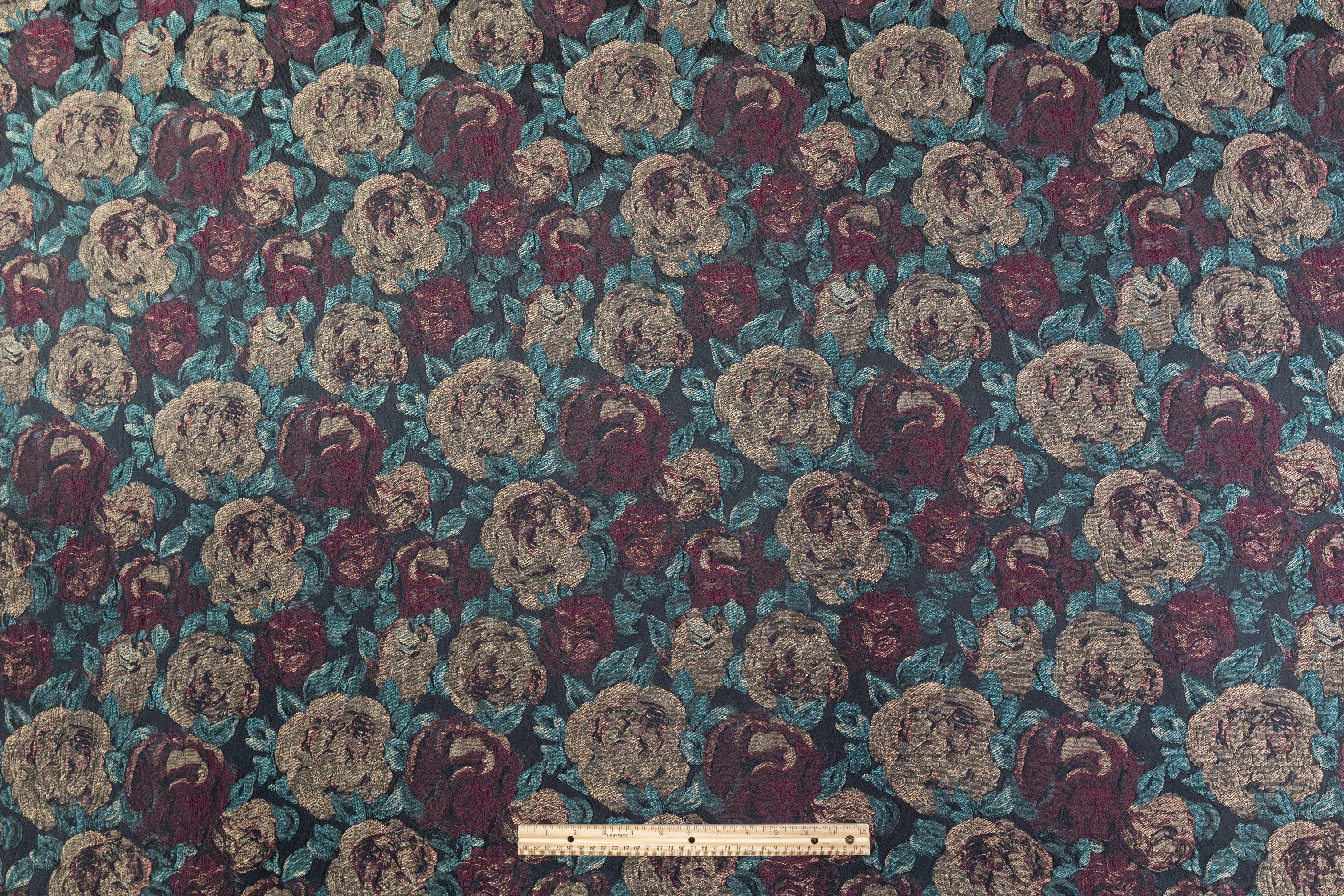 Floral Italian Cloqué Brocade - Burgundy / Teal / Brown