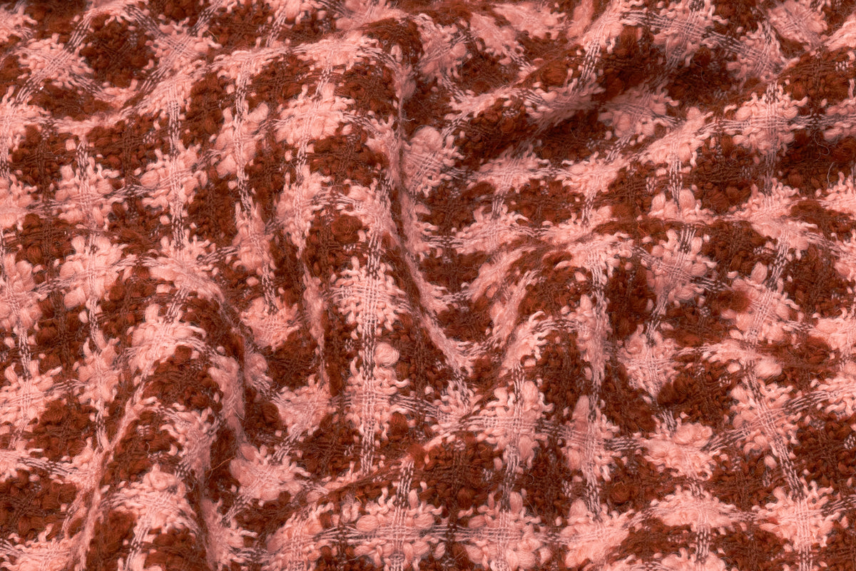 Checked Italian Wool Blend Tweed - Peachy Blush / Crater Brown