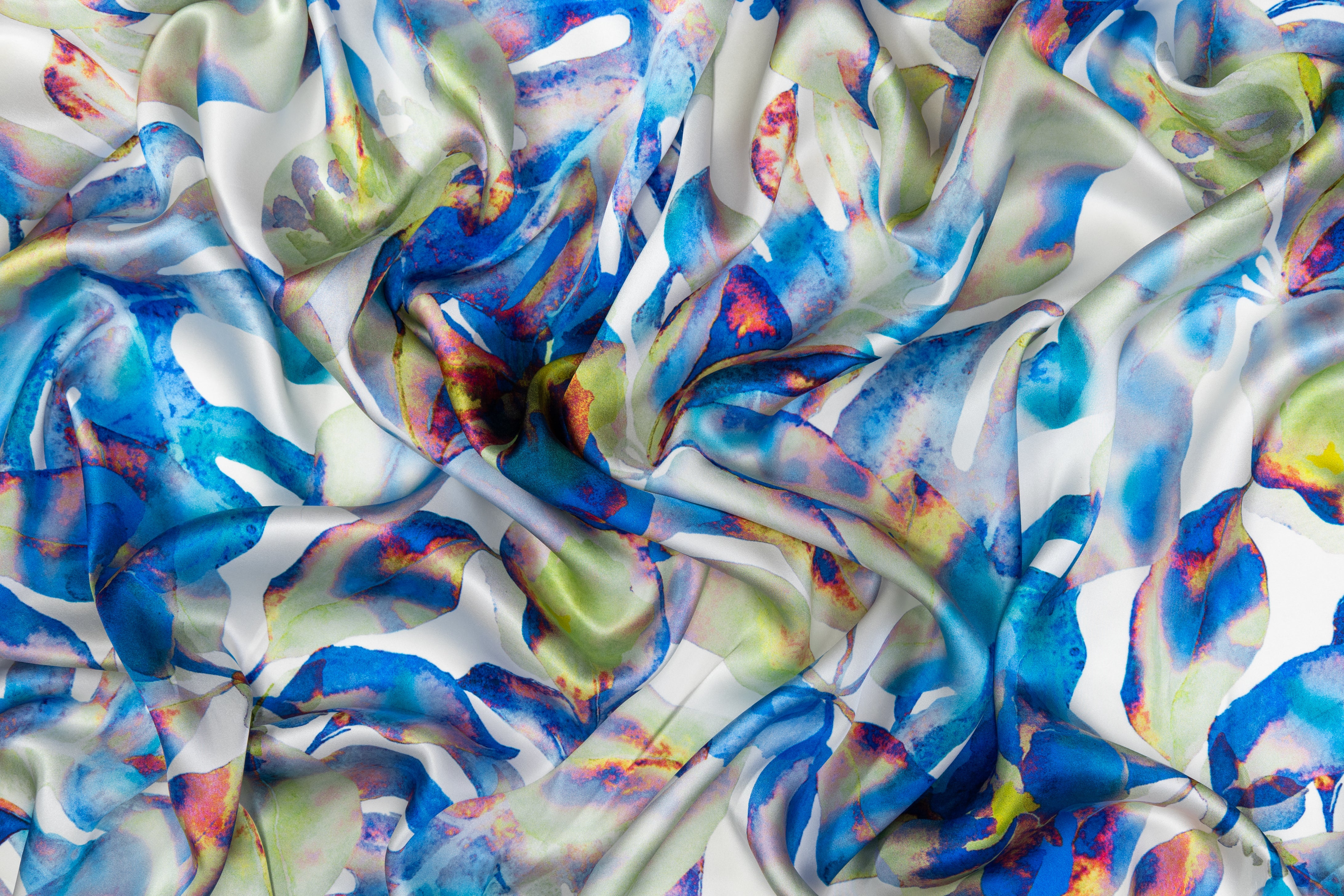 Watercolor Floral Italian Silk Charmeuse - Blue