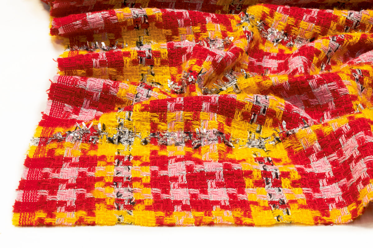 Houndstooth Metallic Italian Tweed - Red / Yellow / Pink / Silver