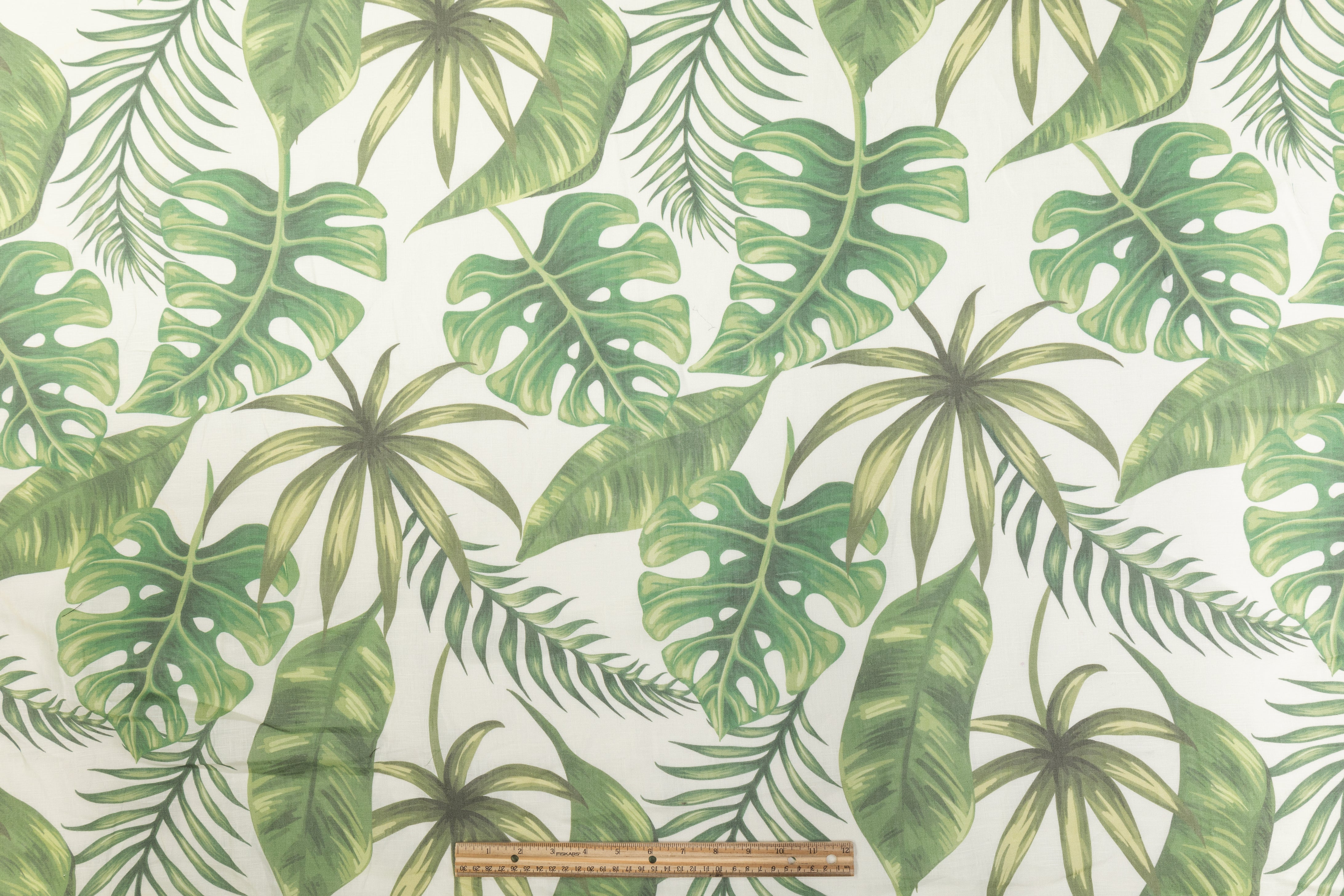 Leaf Print Italian Linen - Green / Off White