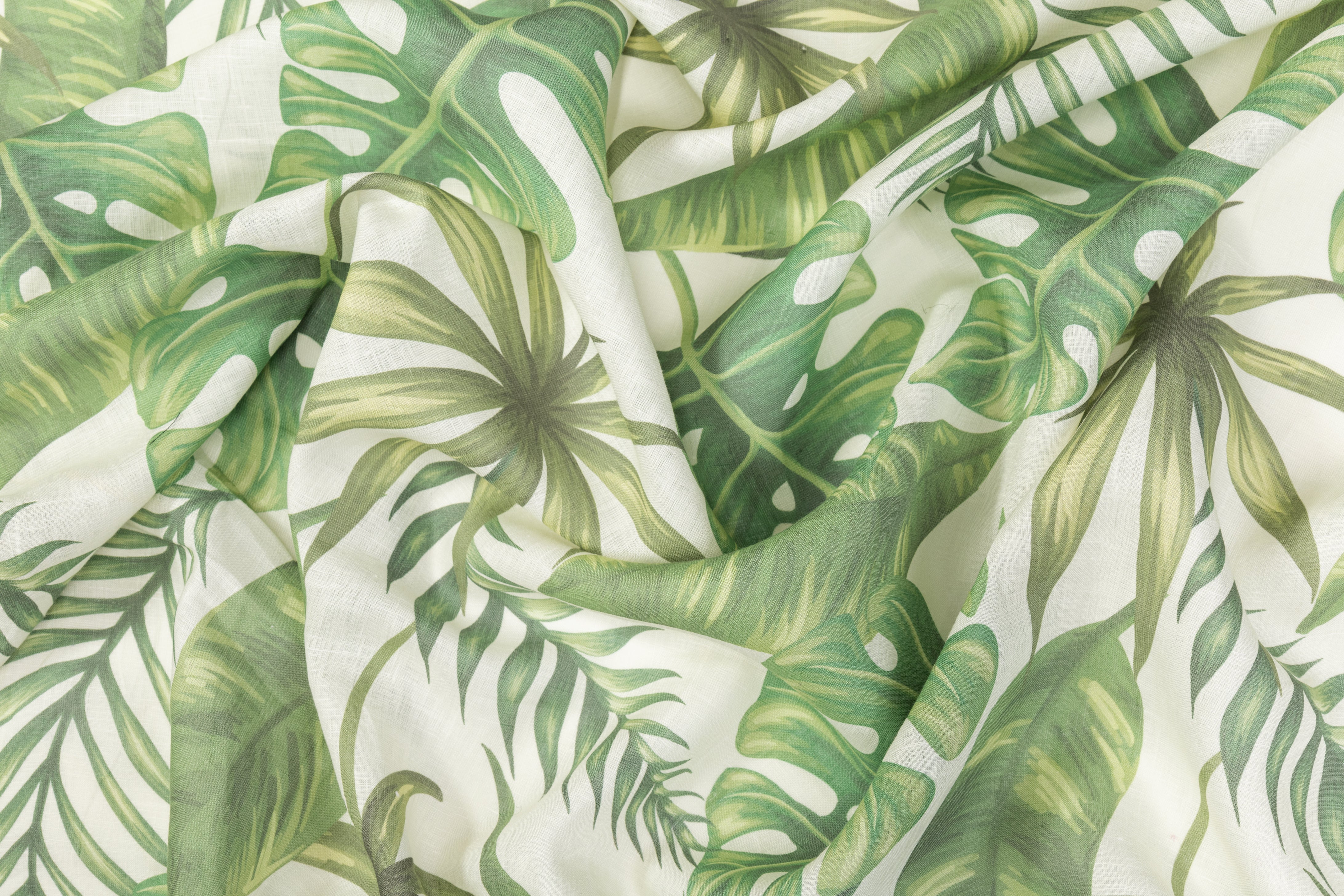 Leaf Print Italian Linen - Green / Off White