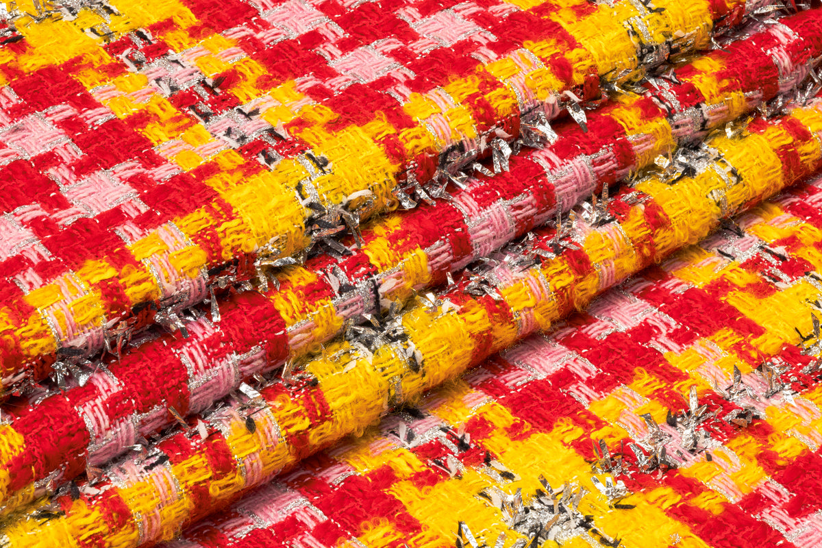 Houndstooth Metallic Italian Tweed - Red / Yellow / Pink / Silver