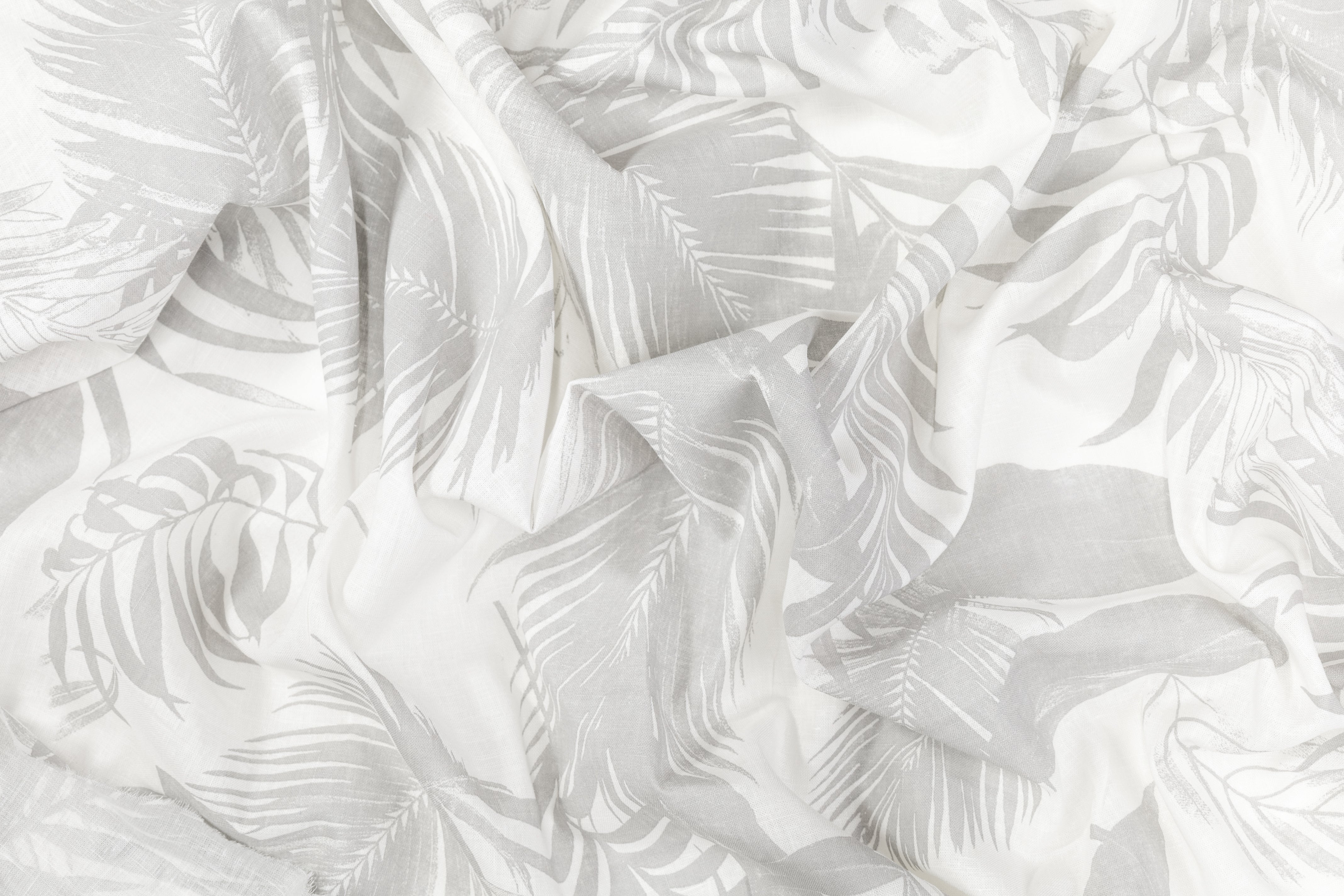 Leaf Print Italian Linen - White / Gray