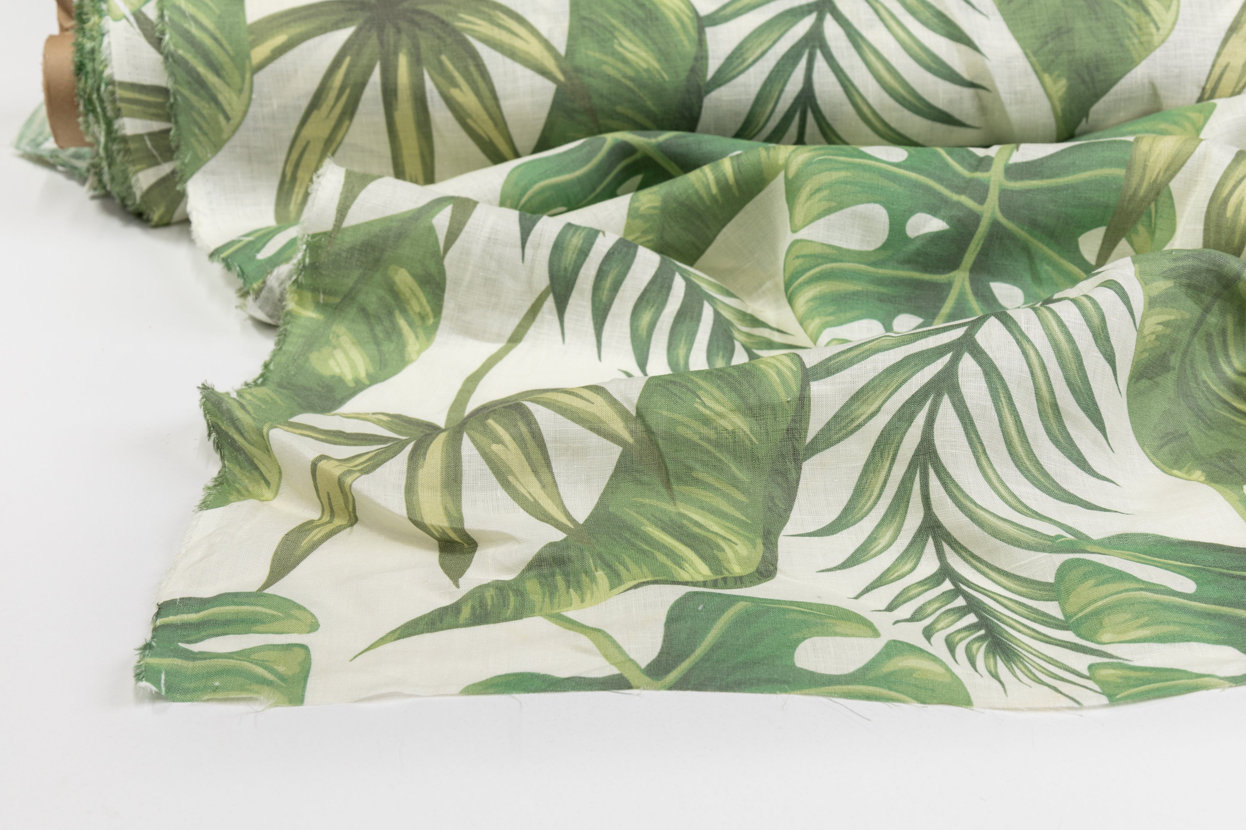 Leaf Print Italian Linen - Green / Off White