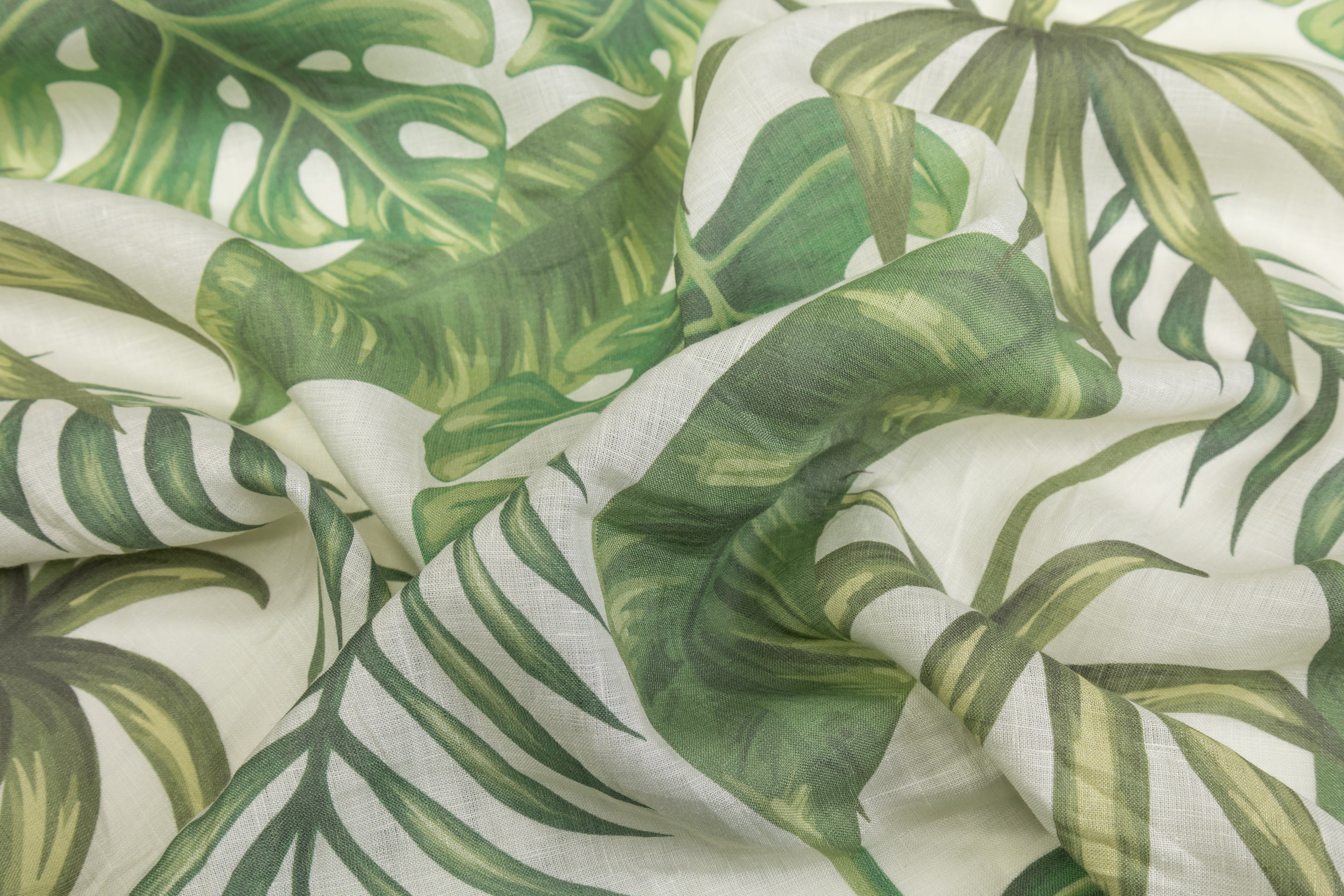 Leaf Print Italian Linen - Green / Off White
