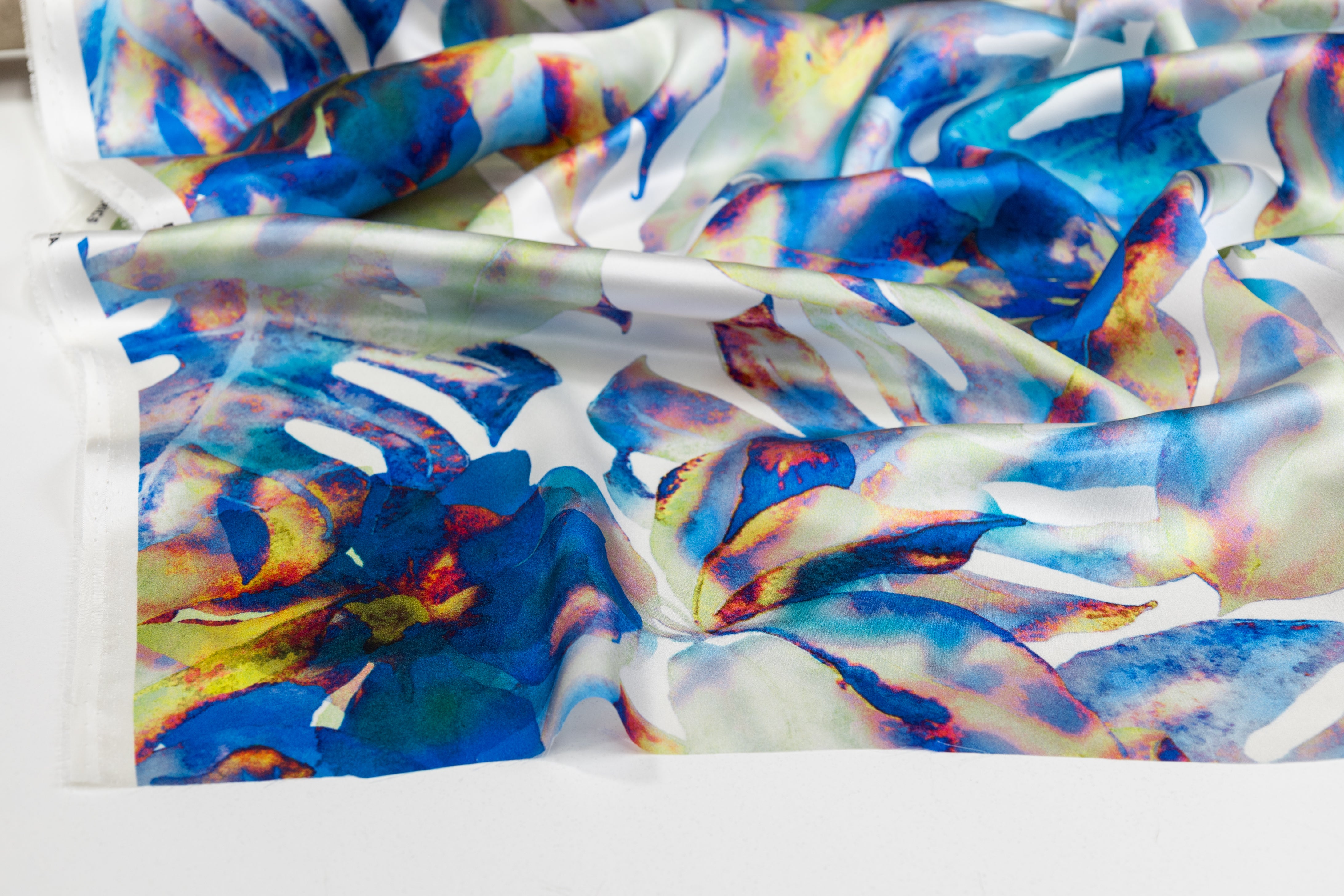 Watercolor Floral Italian Silk Charmeuse - Blue