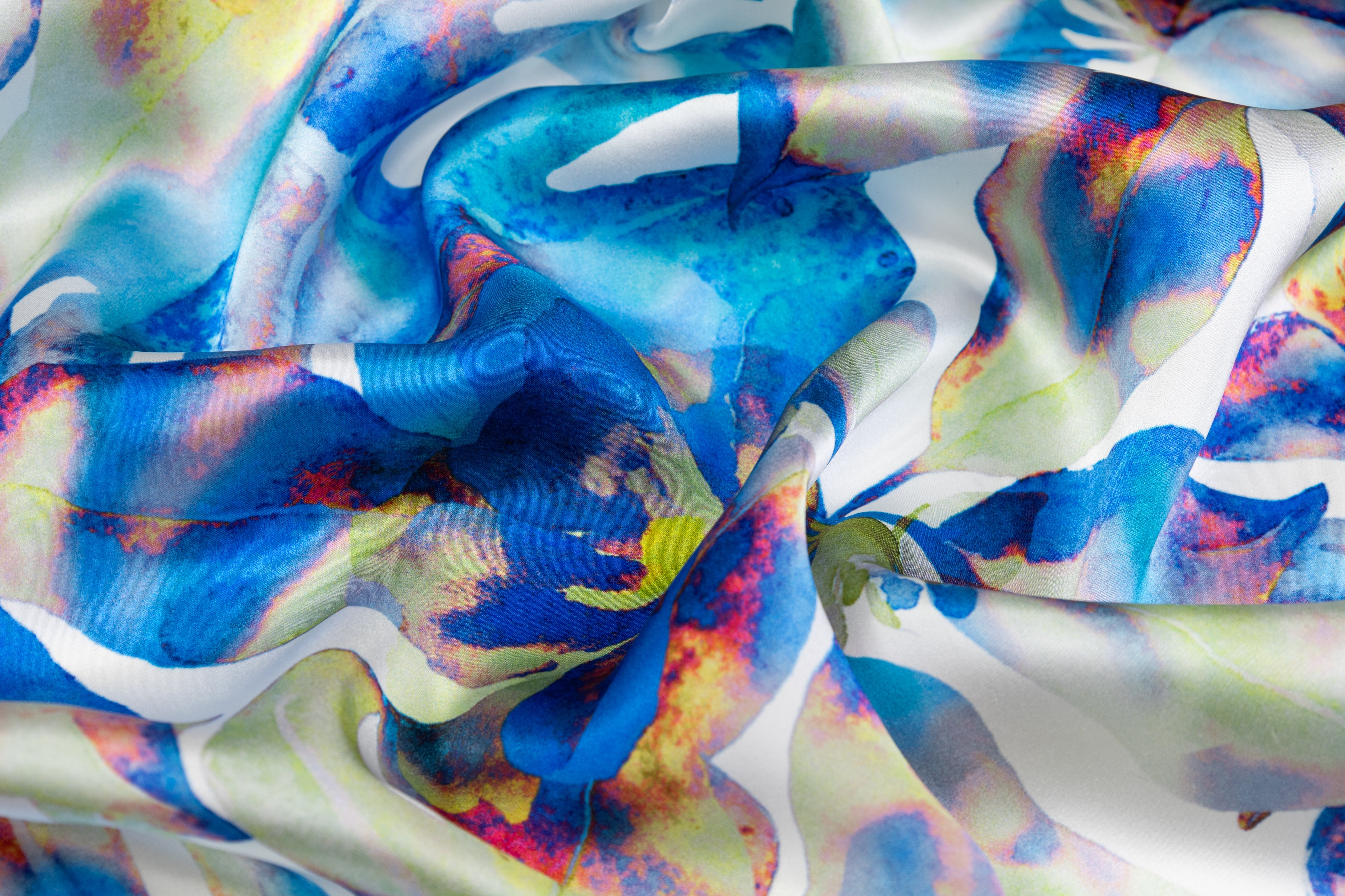 Watercolor Floral Italian Silk Charmeuse - Blue