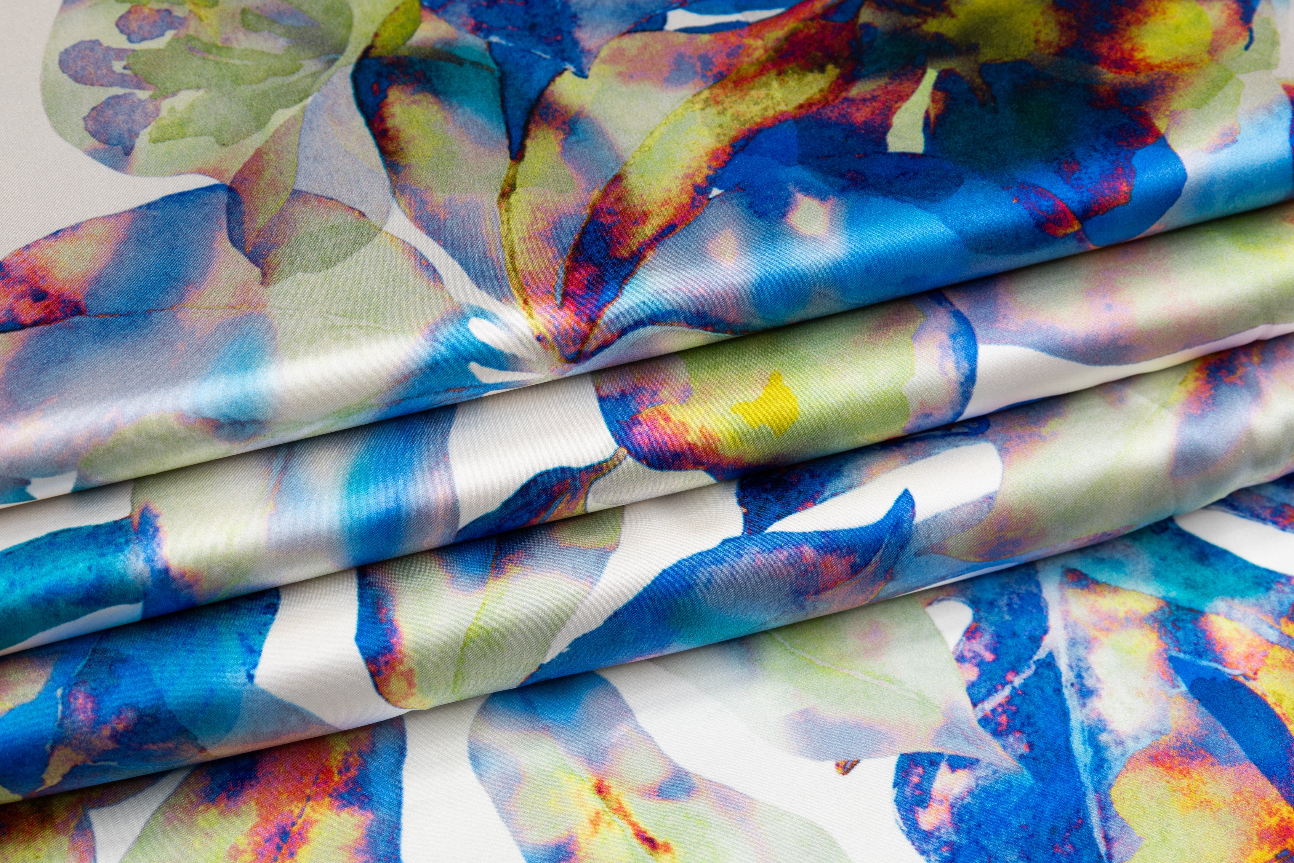 Watercolor Floral Italian Silk Charmeuse - Blue