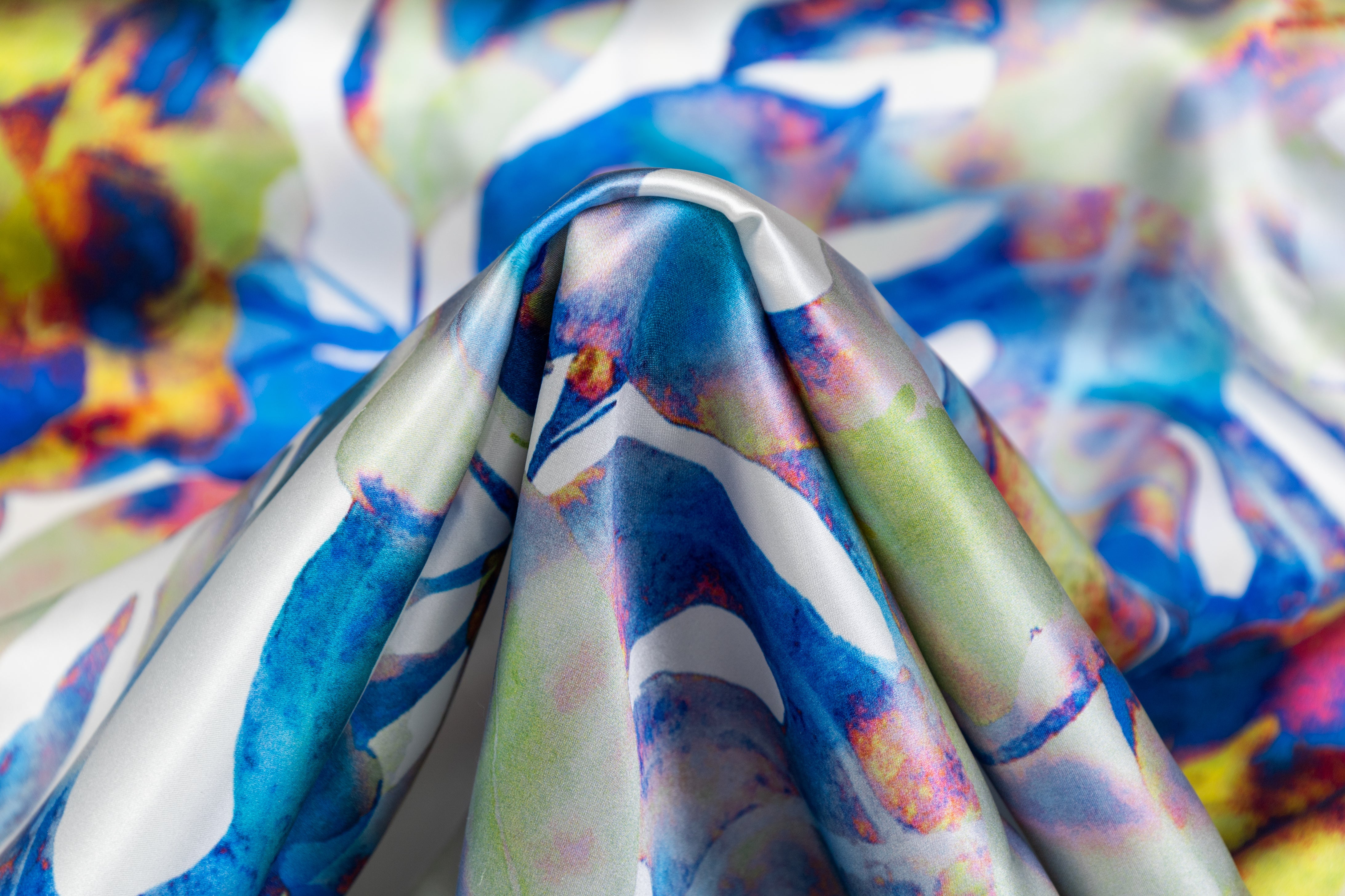 Watercolor Floral Italian Silk Charmeuse - Blue