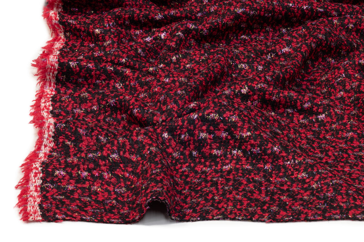 Metallic Italian Wool Blend Tweed Bouclé - Berry Red
