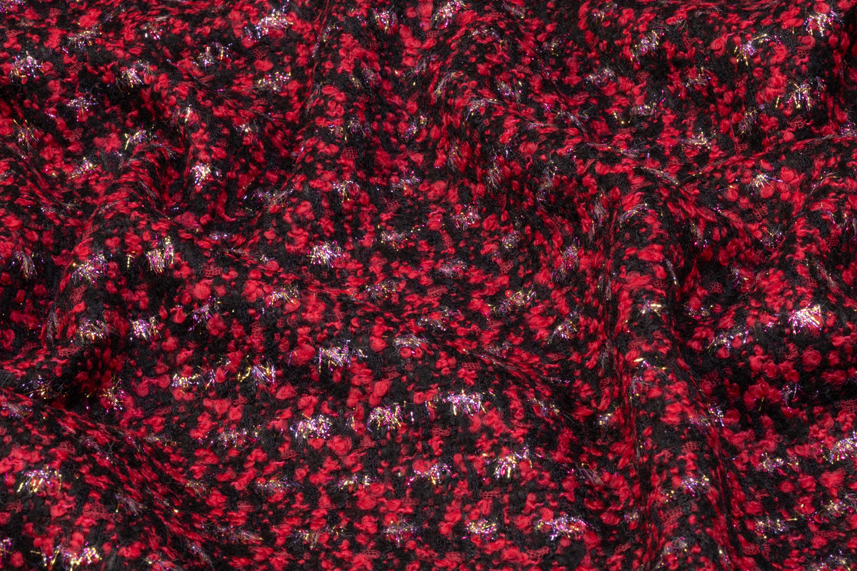 Metallic Italian Wool Blend Tweed Bouclé - Berry Red