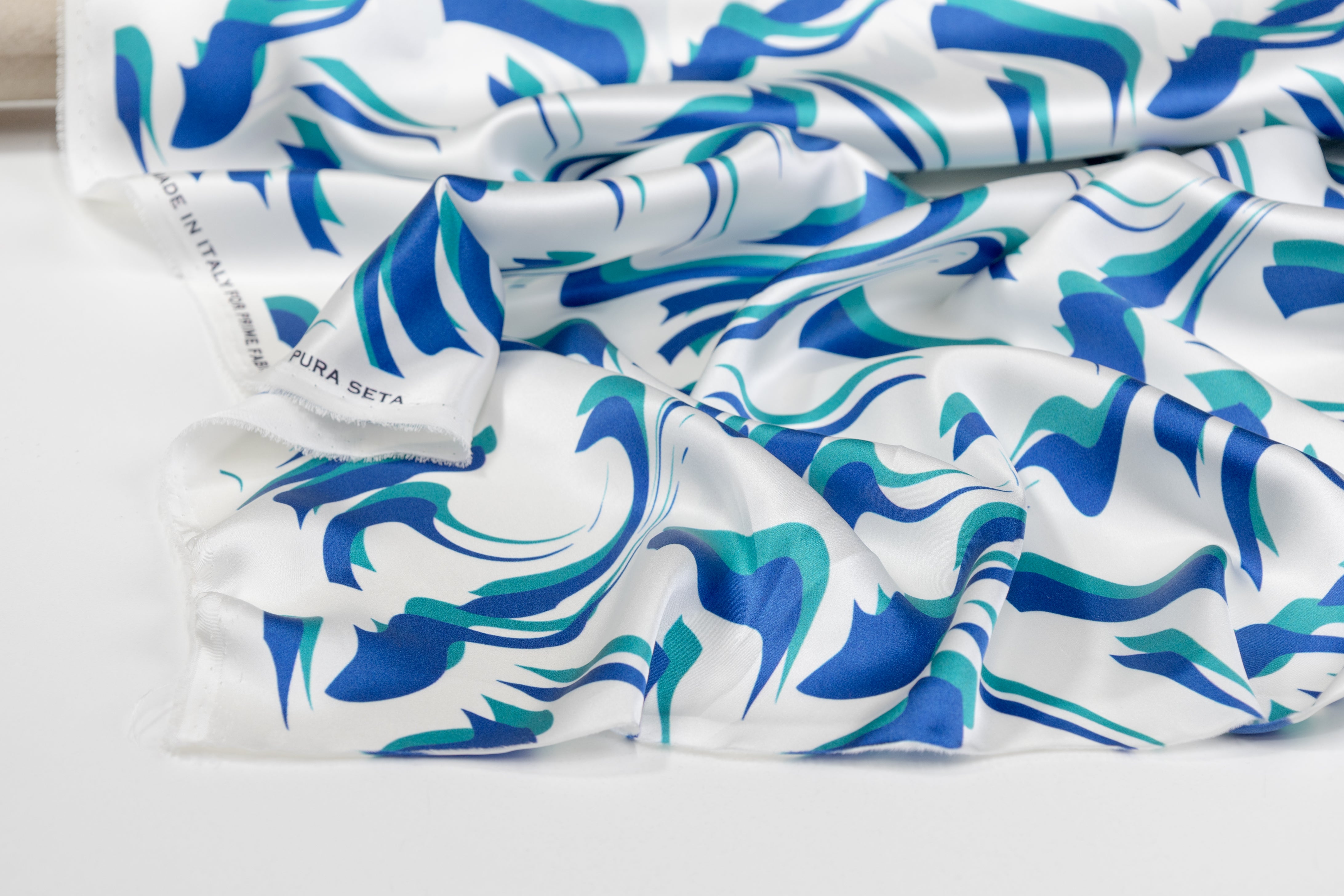 Abstract Italian Silk Charmeuse - Blue / Teal / White