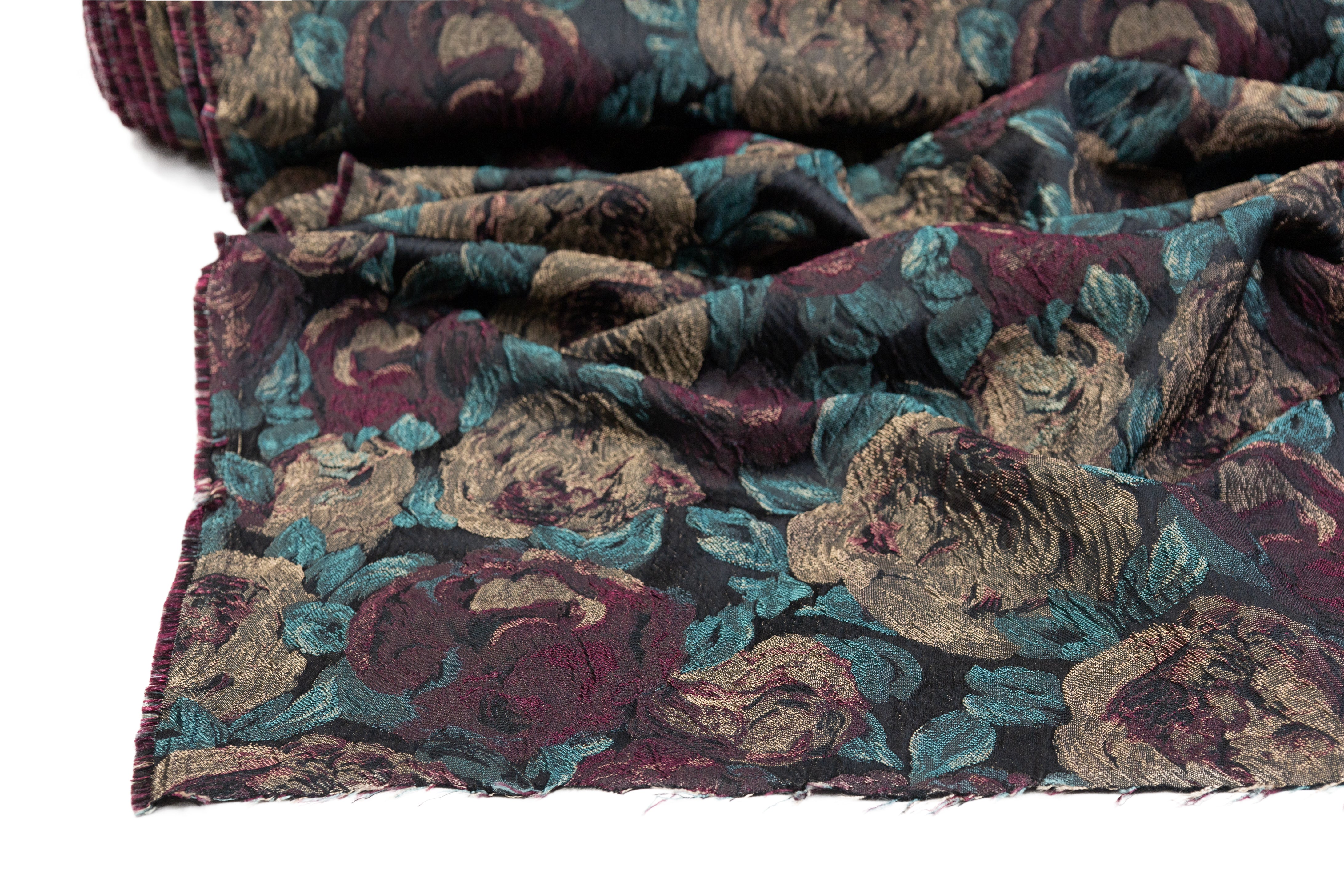 Floral Italian Cloqué Brocade - Burgundy / Teal / Brown