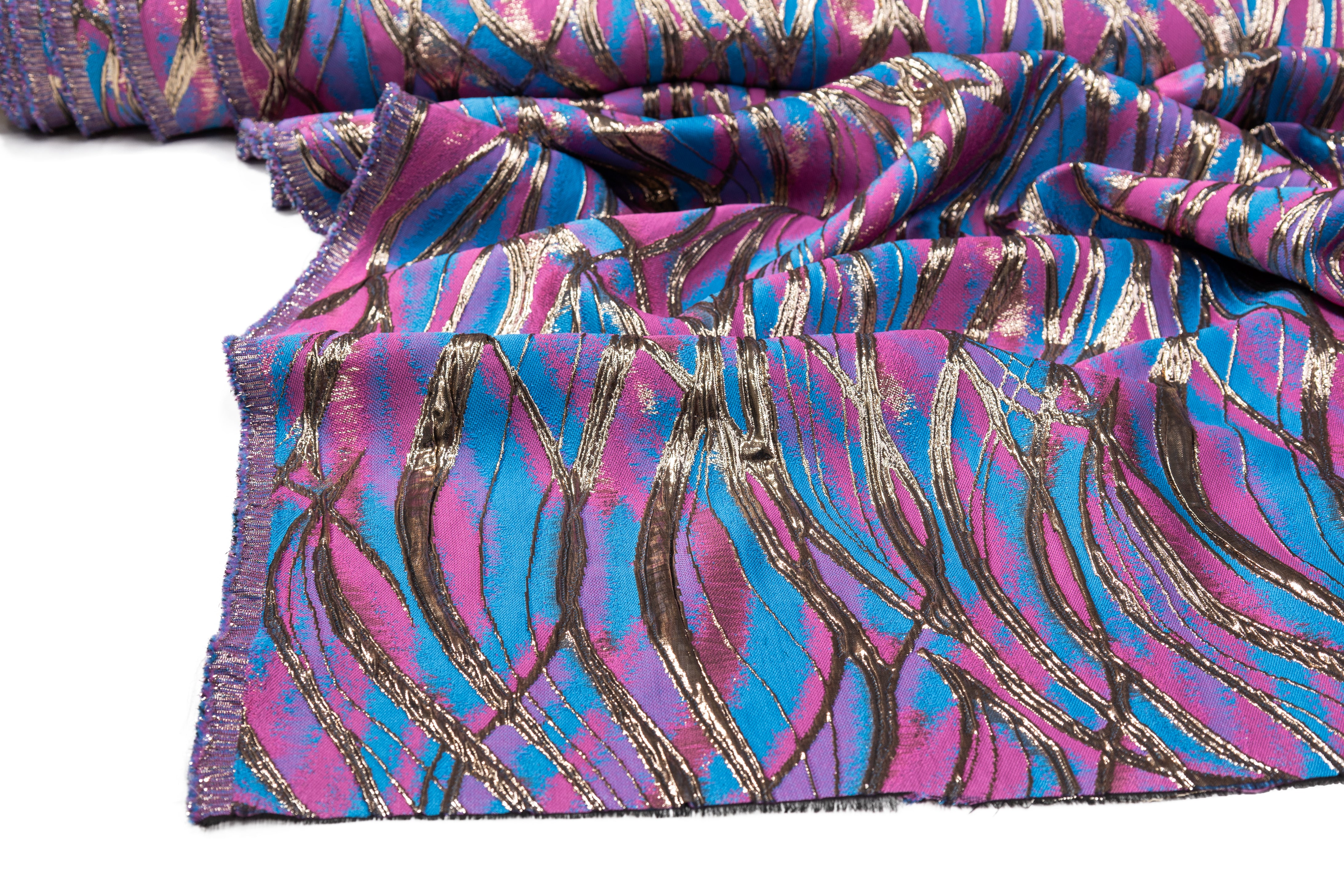 Abstract Metallic Cloqué Brocade - Blue / Pink