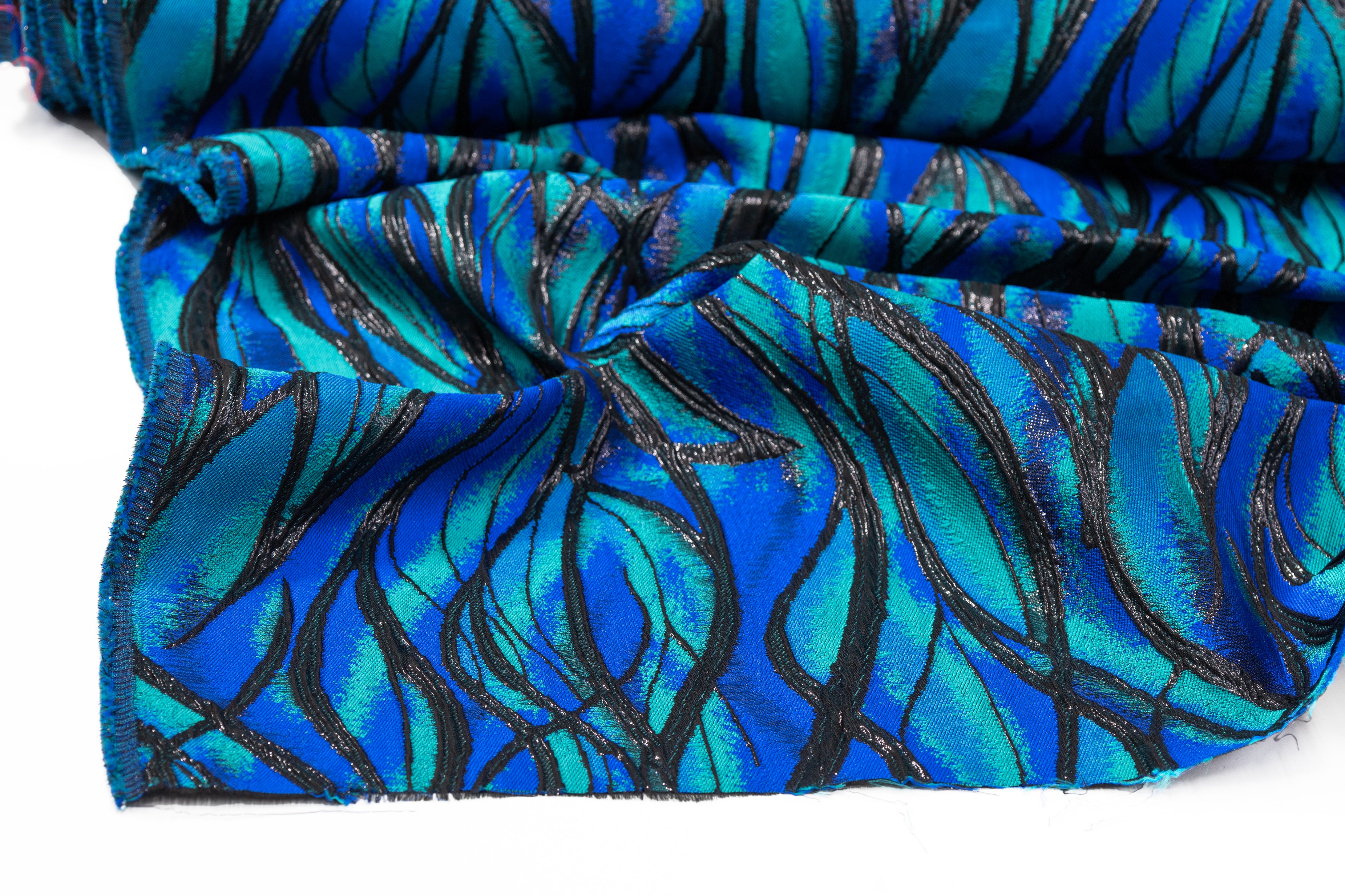 Abstract Metallic Cloqué Brocade - Blue / Green / Black