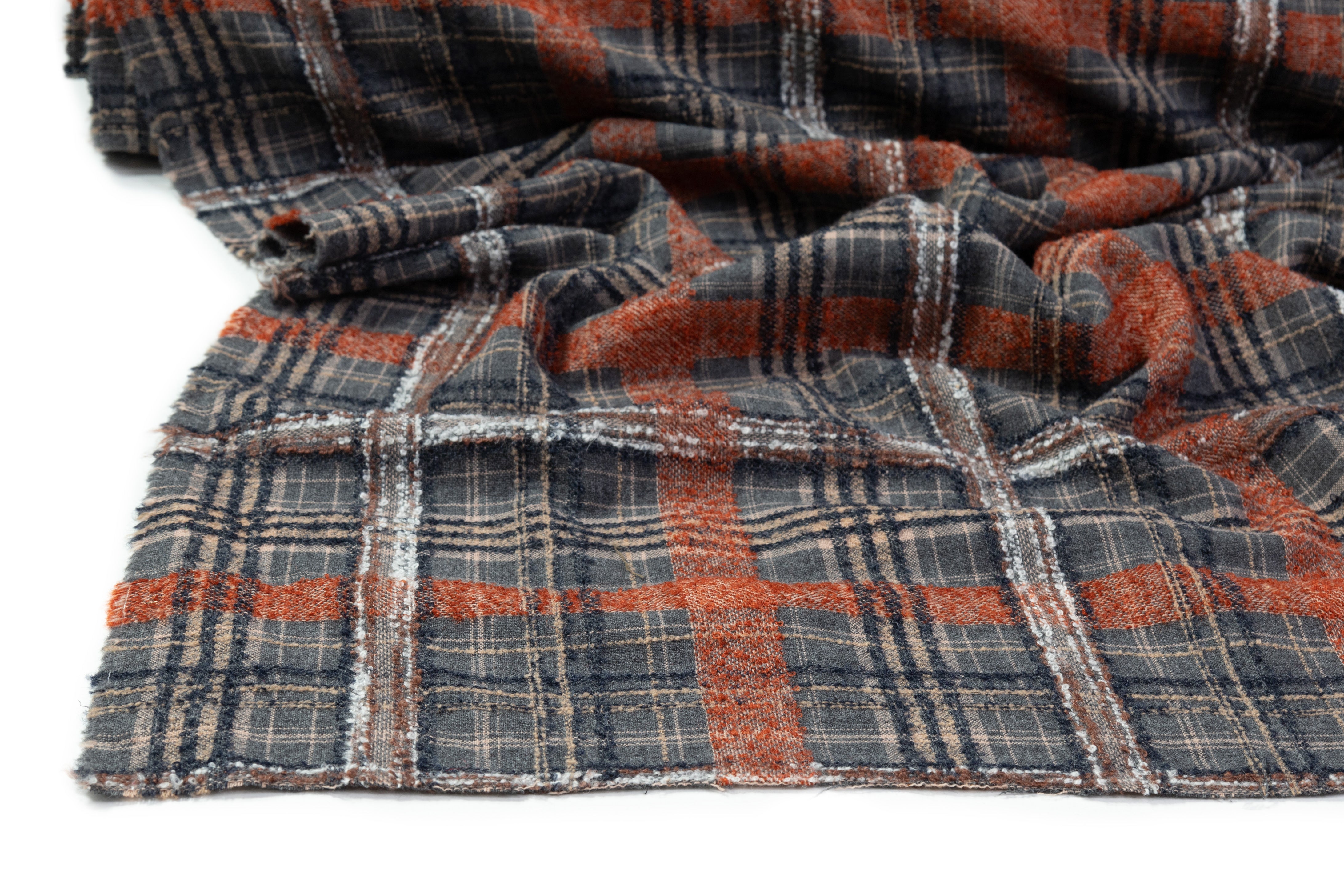 Plaid Italian Wool Blend Boucle - Rust / Gray / Beige