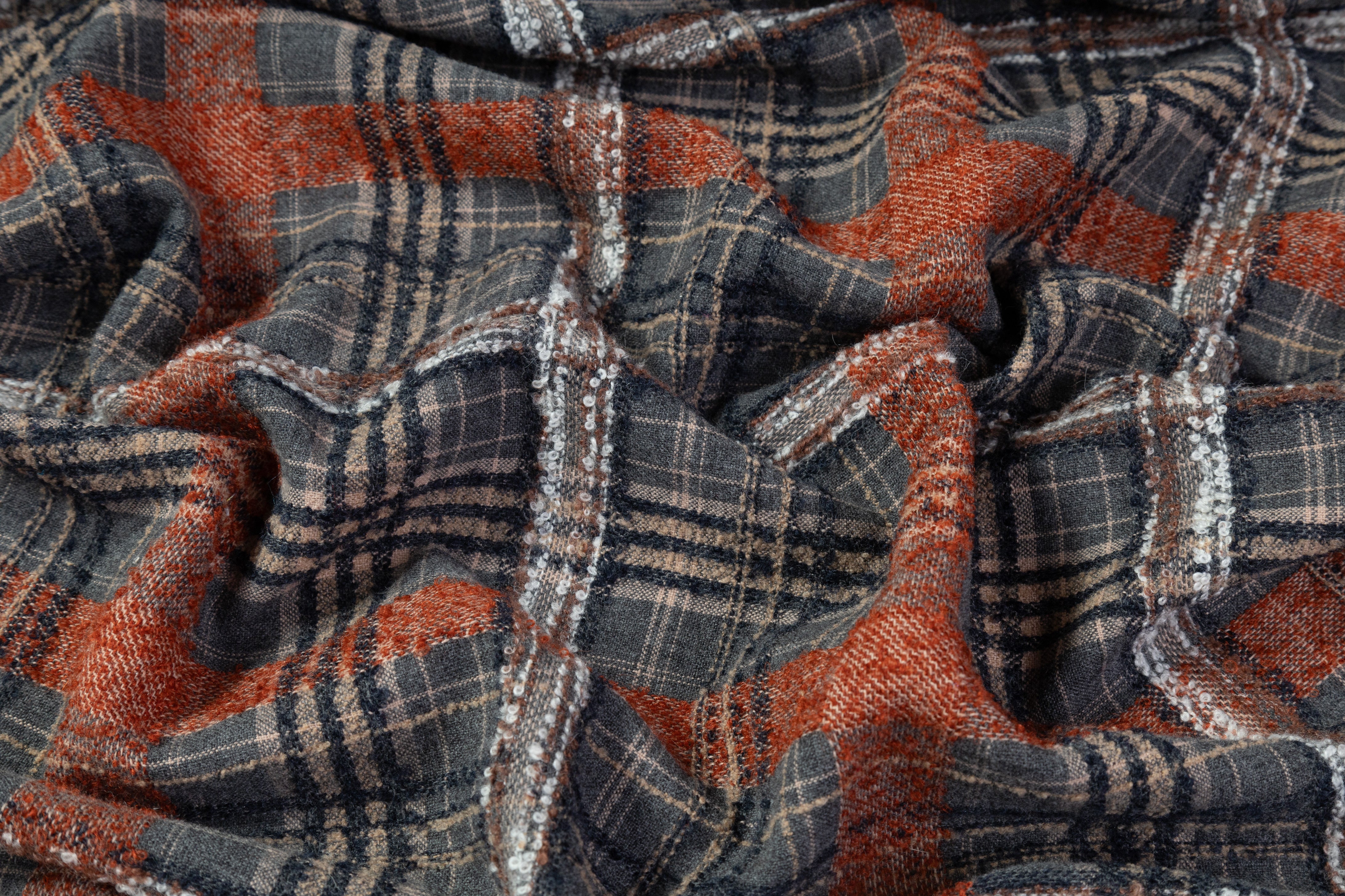 Plaid Italian Wool Blend Boucle - Rust / Gray / Beige
