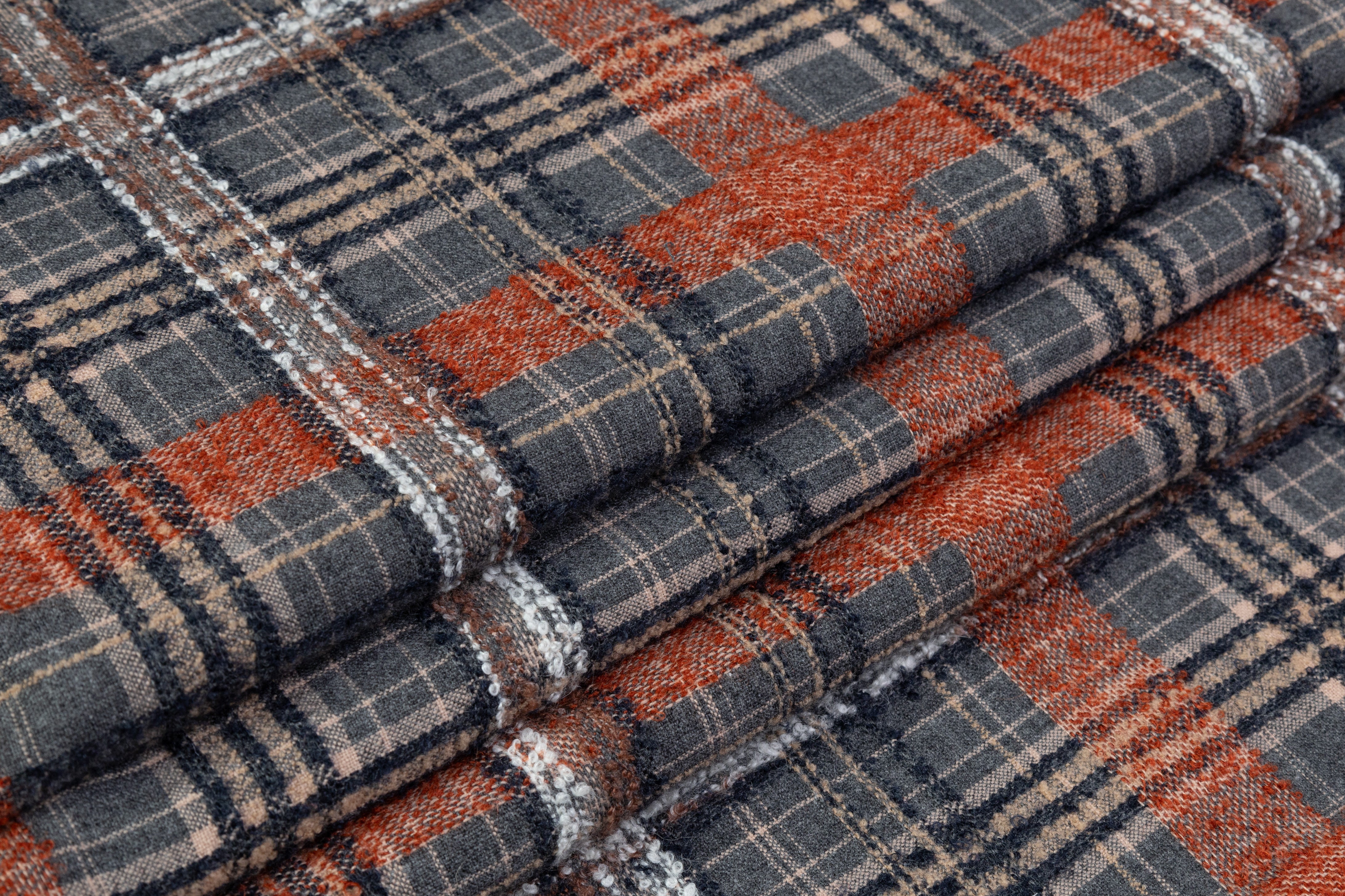 Plaid Italian Wool Blend Boucle - Rust / Gray / Beige