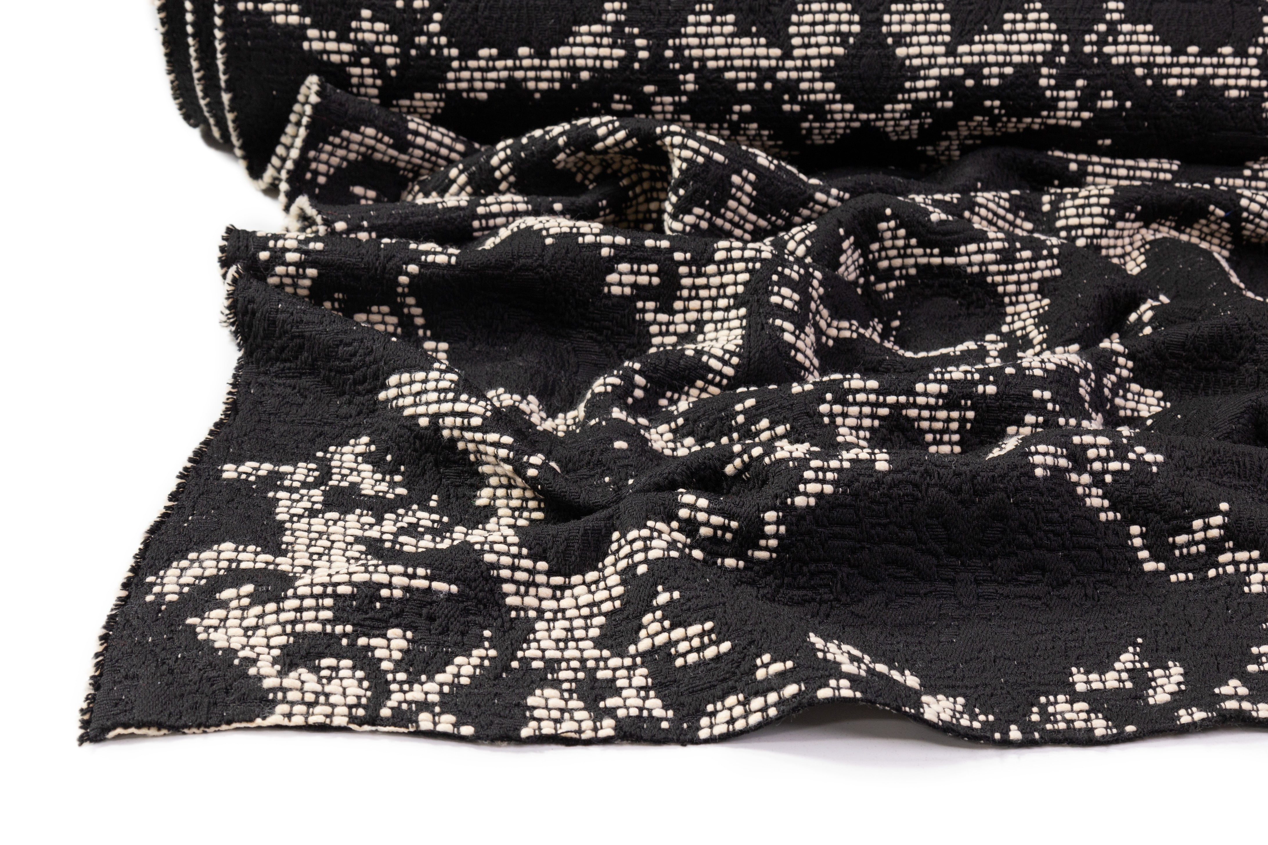 Floral Damask Italian Wool Blend Brocade - Black / Ivory