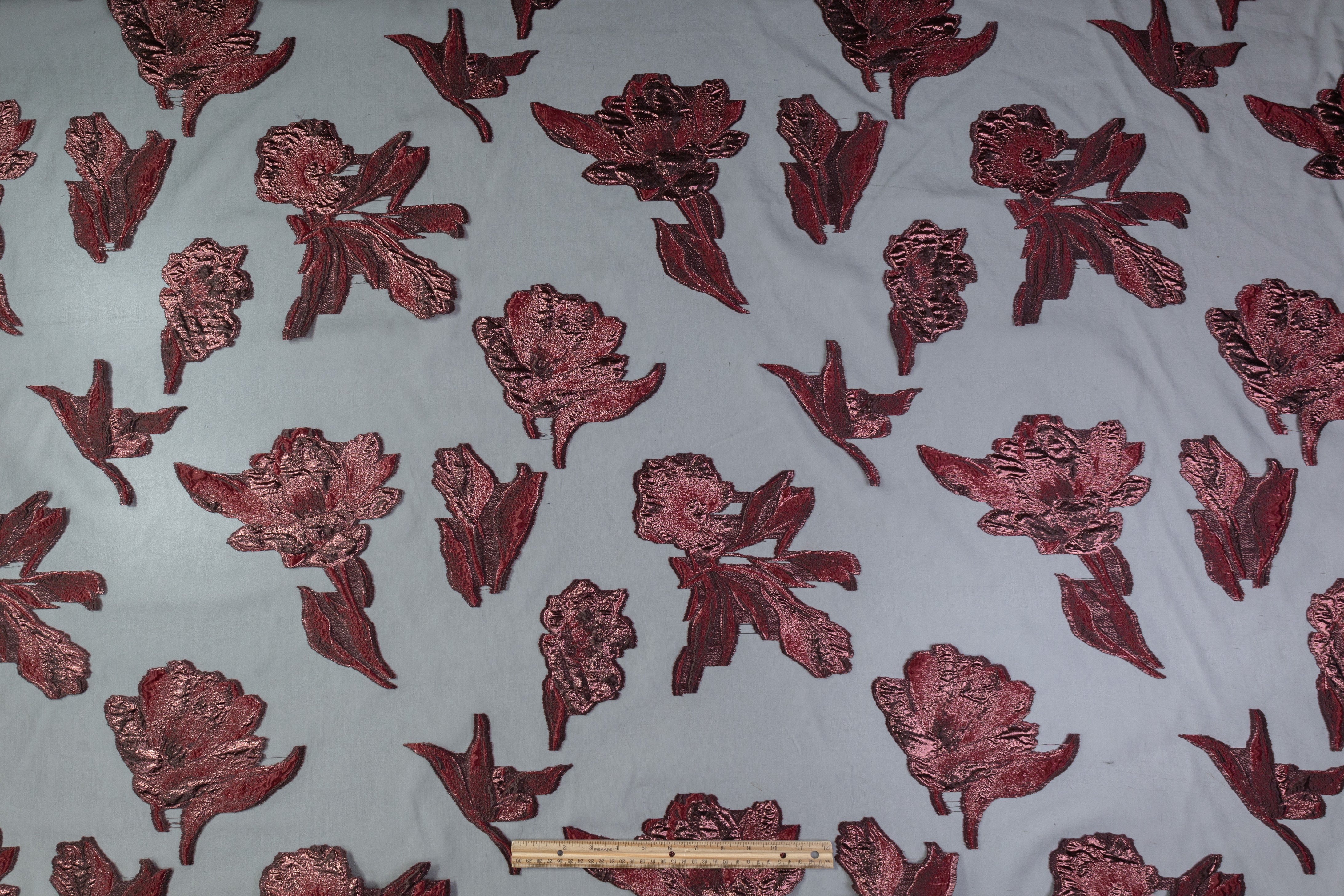 Floral Metallic Organza Fil Coupé - Burgundy / Black