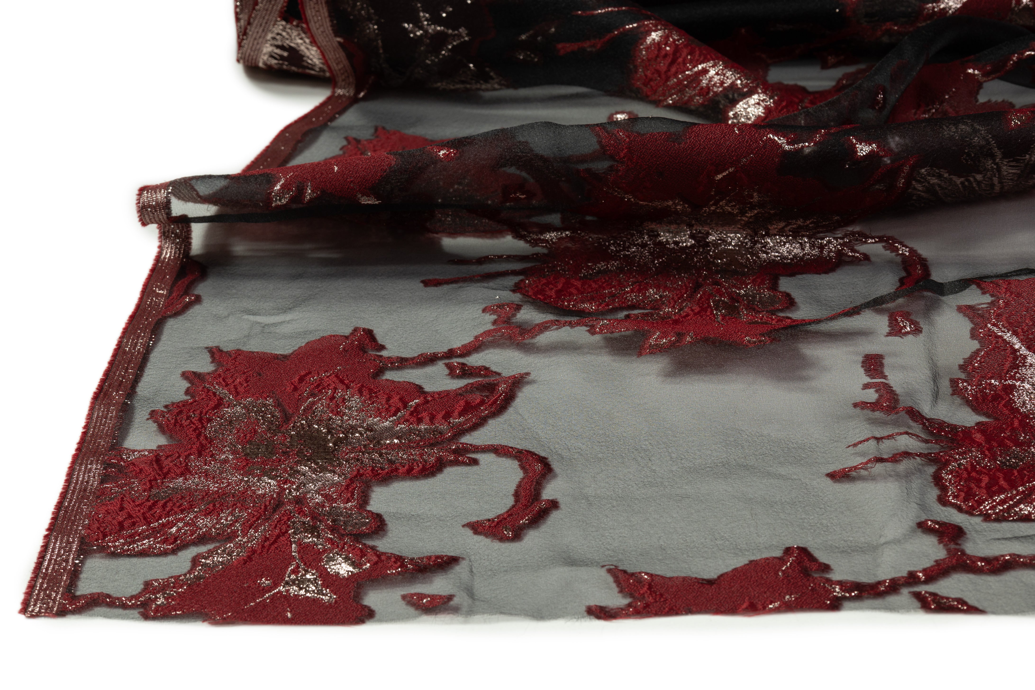 Floral Metallic Organza Fil Coupé - Burgundy / Gold