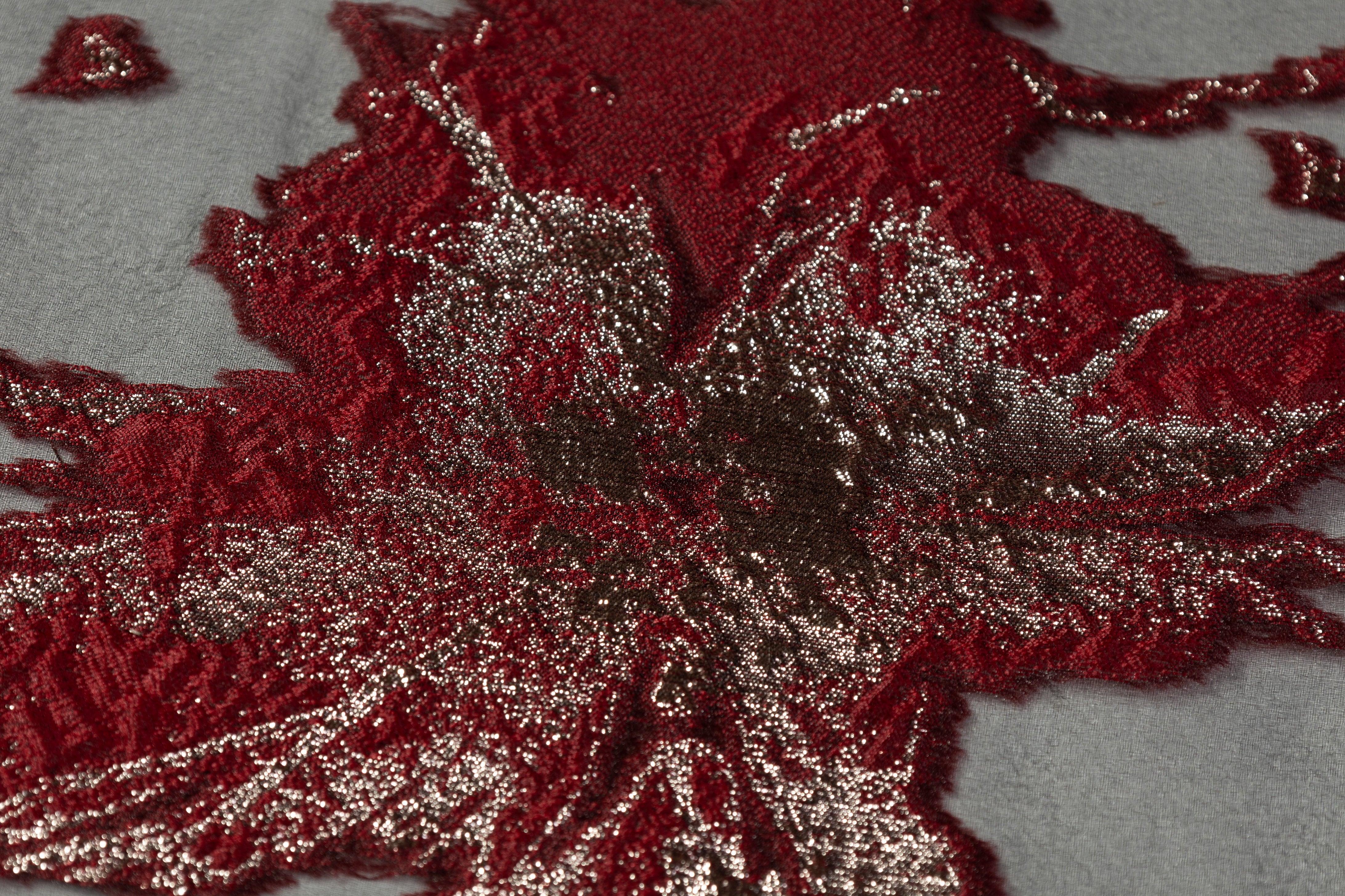 Floral Metallic Organza Fil Coupé - Burgundy / Gold