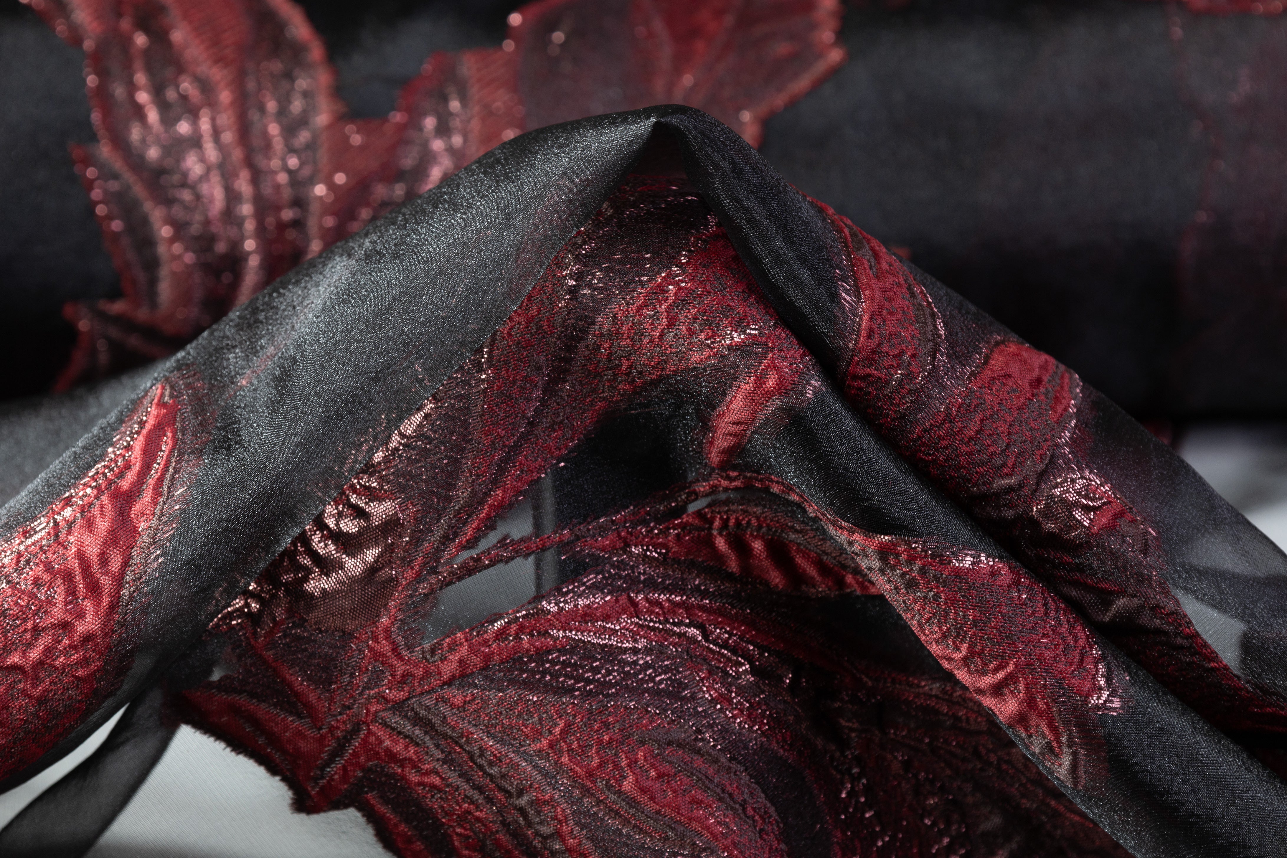Floral Metallic Organza Fil Coupé - Burgundy / Black