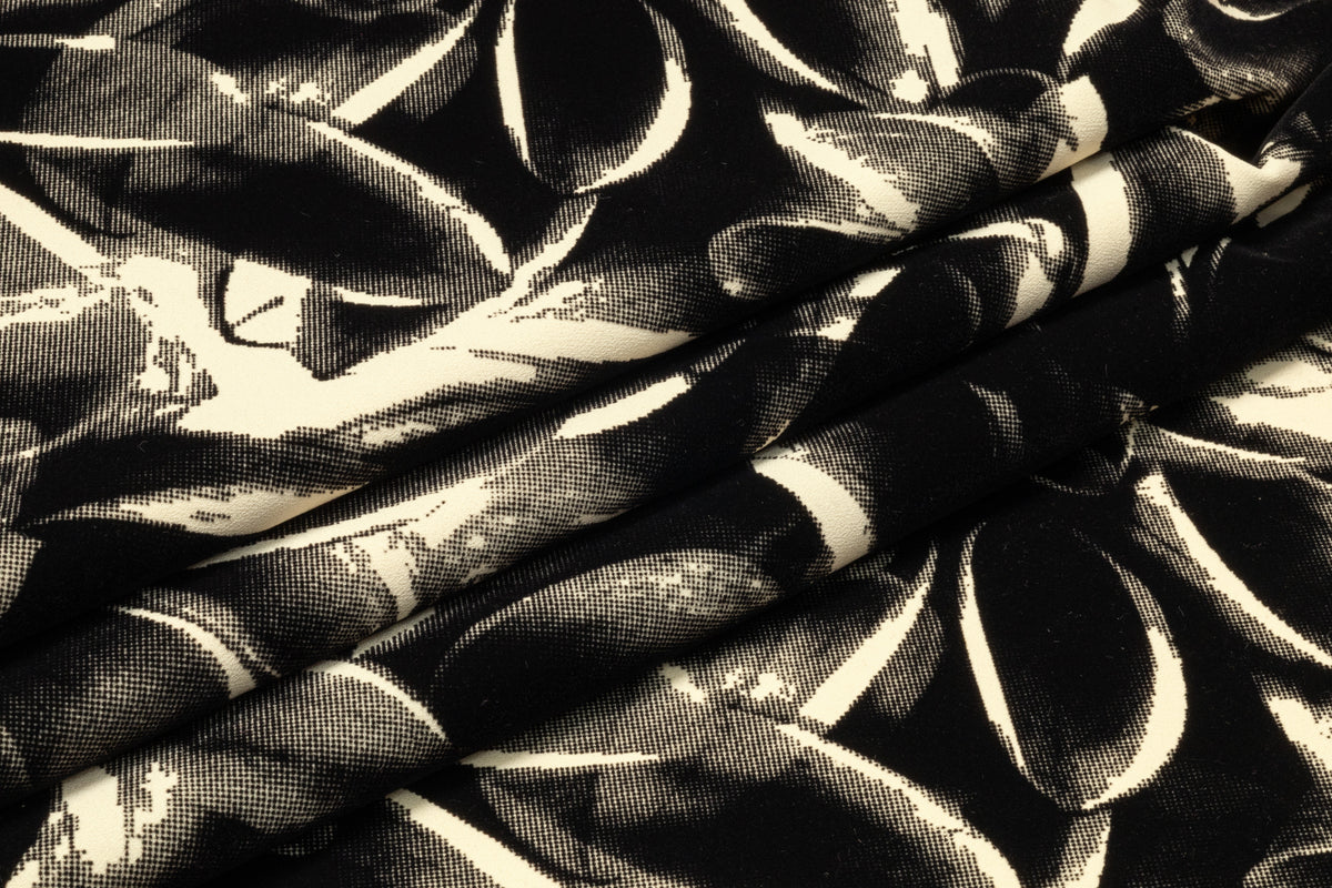 Floral Italian Flocked Crepe Back Satin - Black / Ivory