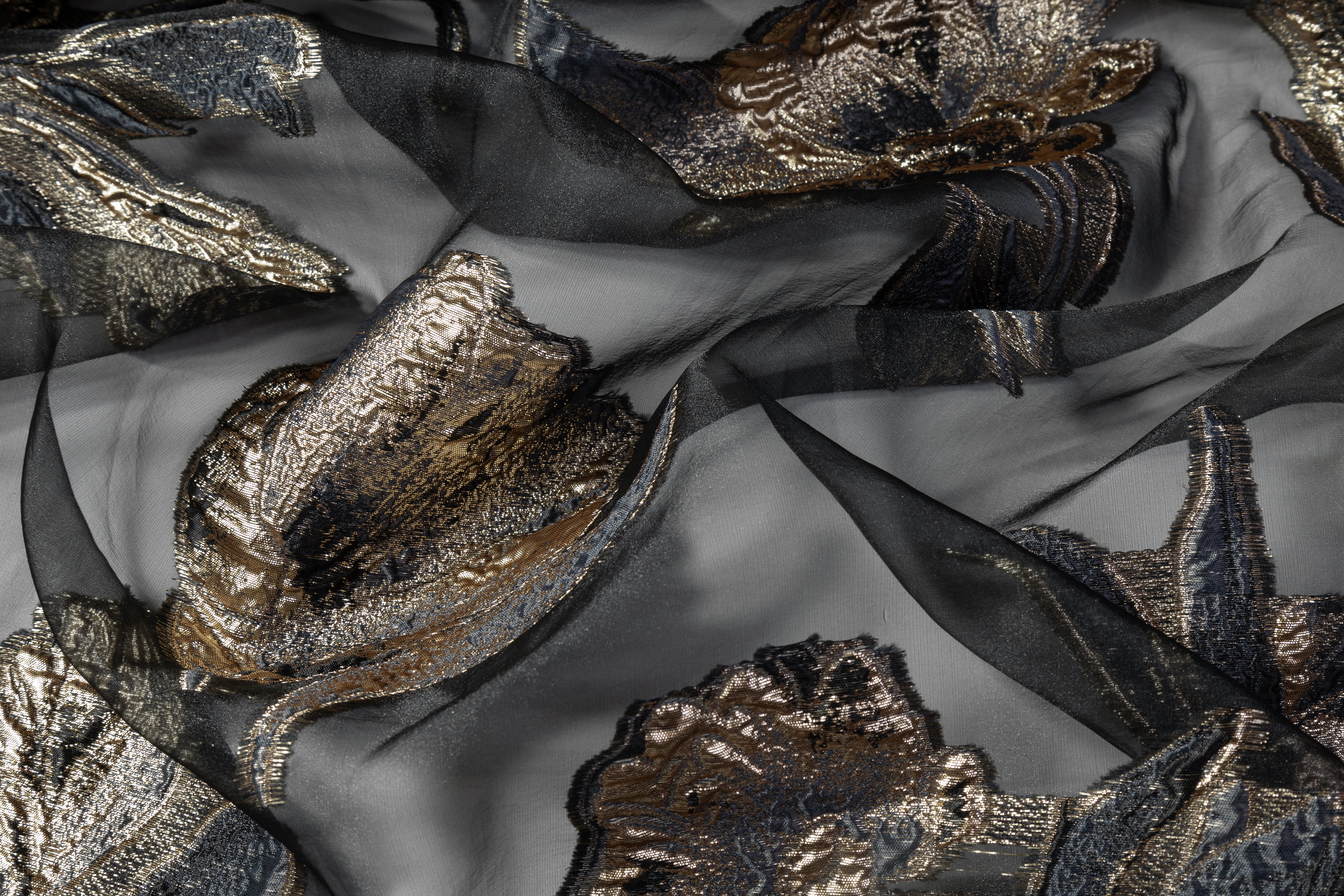 Floral Metallic Organza Fil Coupé - Navy / Gold / Black