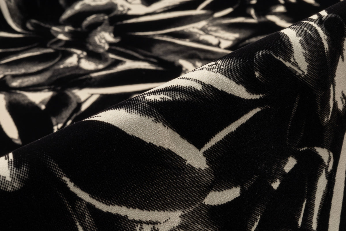 Floral Italian Flocked Crepe Back Satin - Black / Ivory