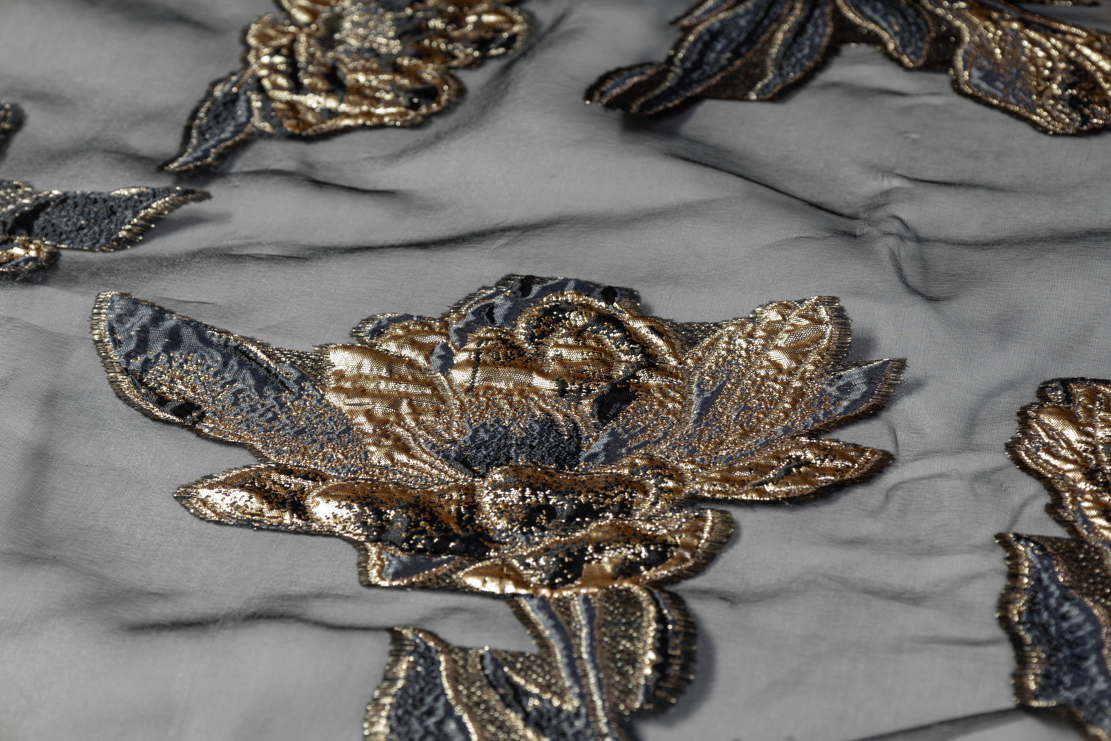 Floral Metallic Organza Fil Coupé - Navy / Gold / Black