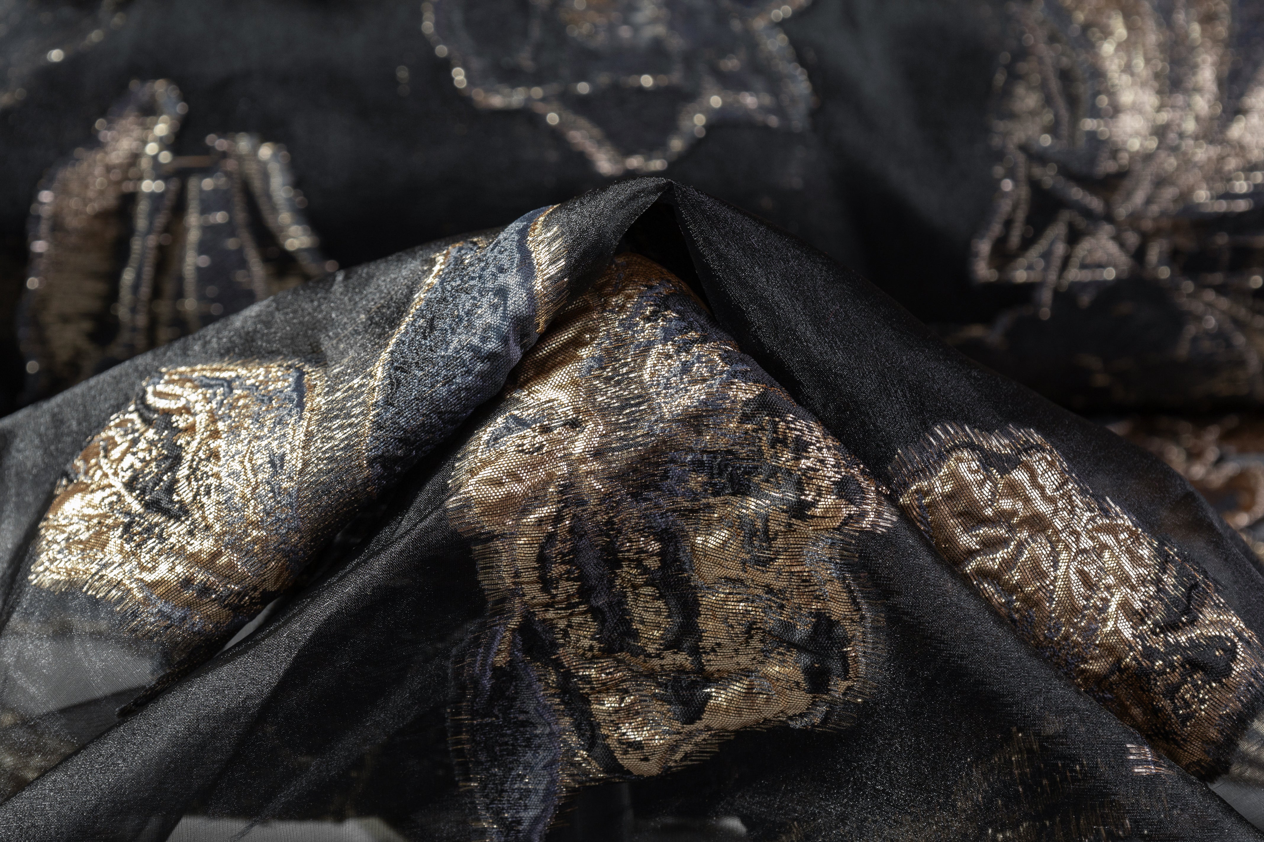 Floral Metallic Organza Fil Coupé - Navy / Gold / Black