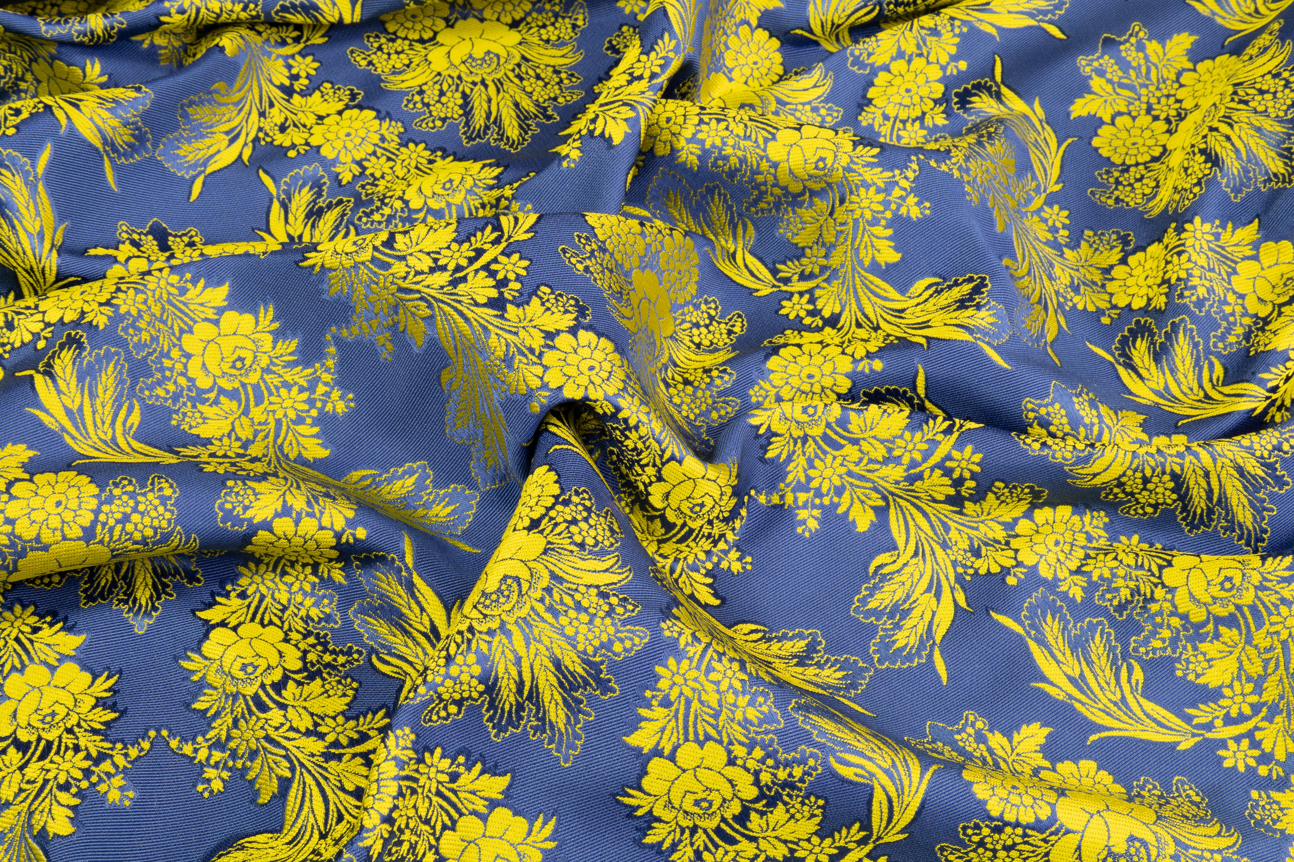 Italian Silk Blend Faille Jacquard - Blue / Yellow