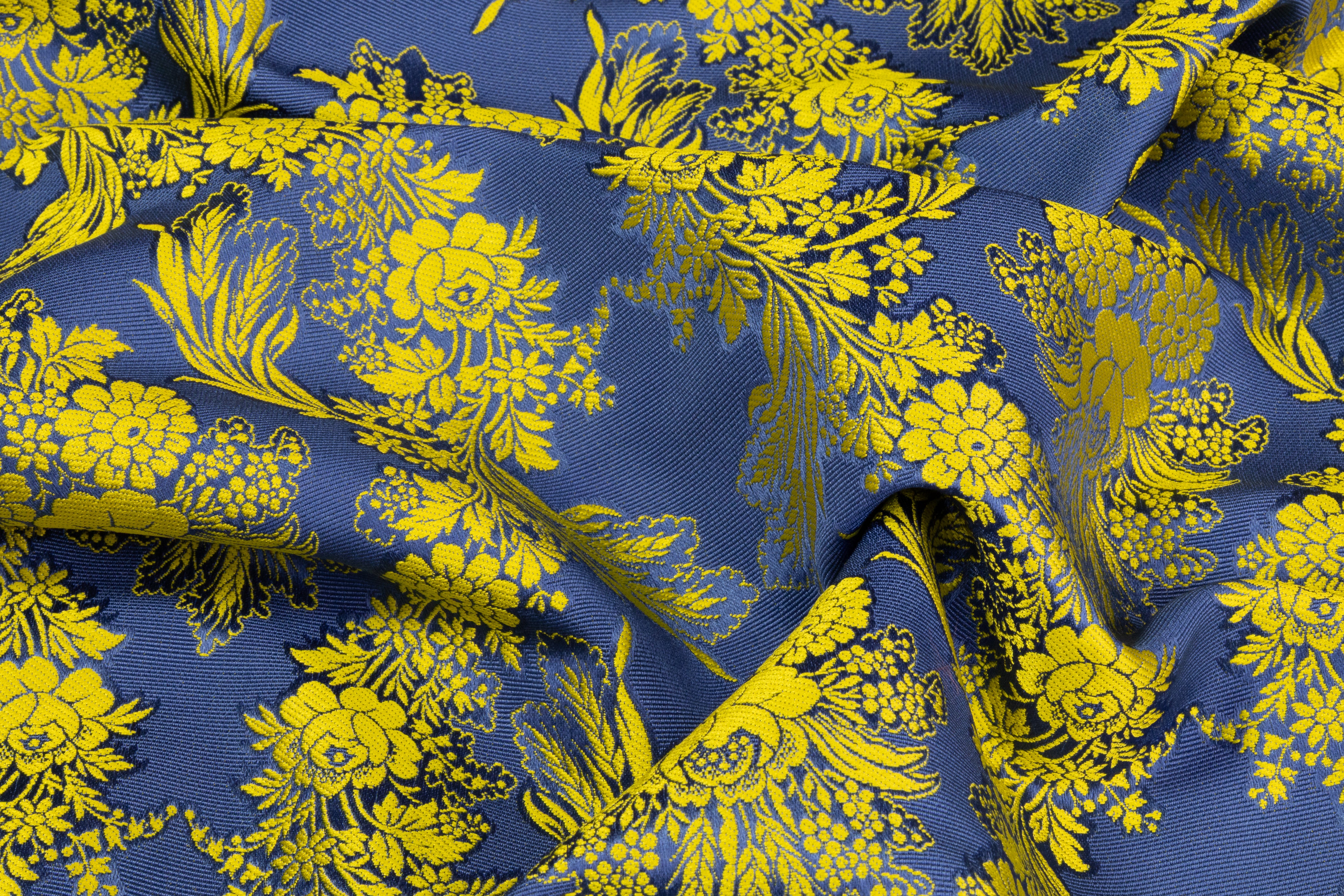 Italian Silk Blend Faille Jacquard - Blue / Yellow