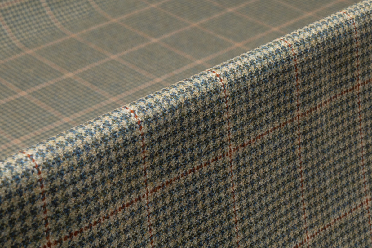 Houndstooth Windowpane Italian Wool Suiting - Green / Rust