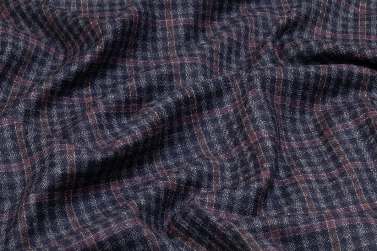 Checked Italian Wool Nylon Flannel Suiting - Navy / Plum