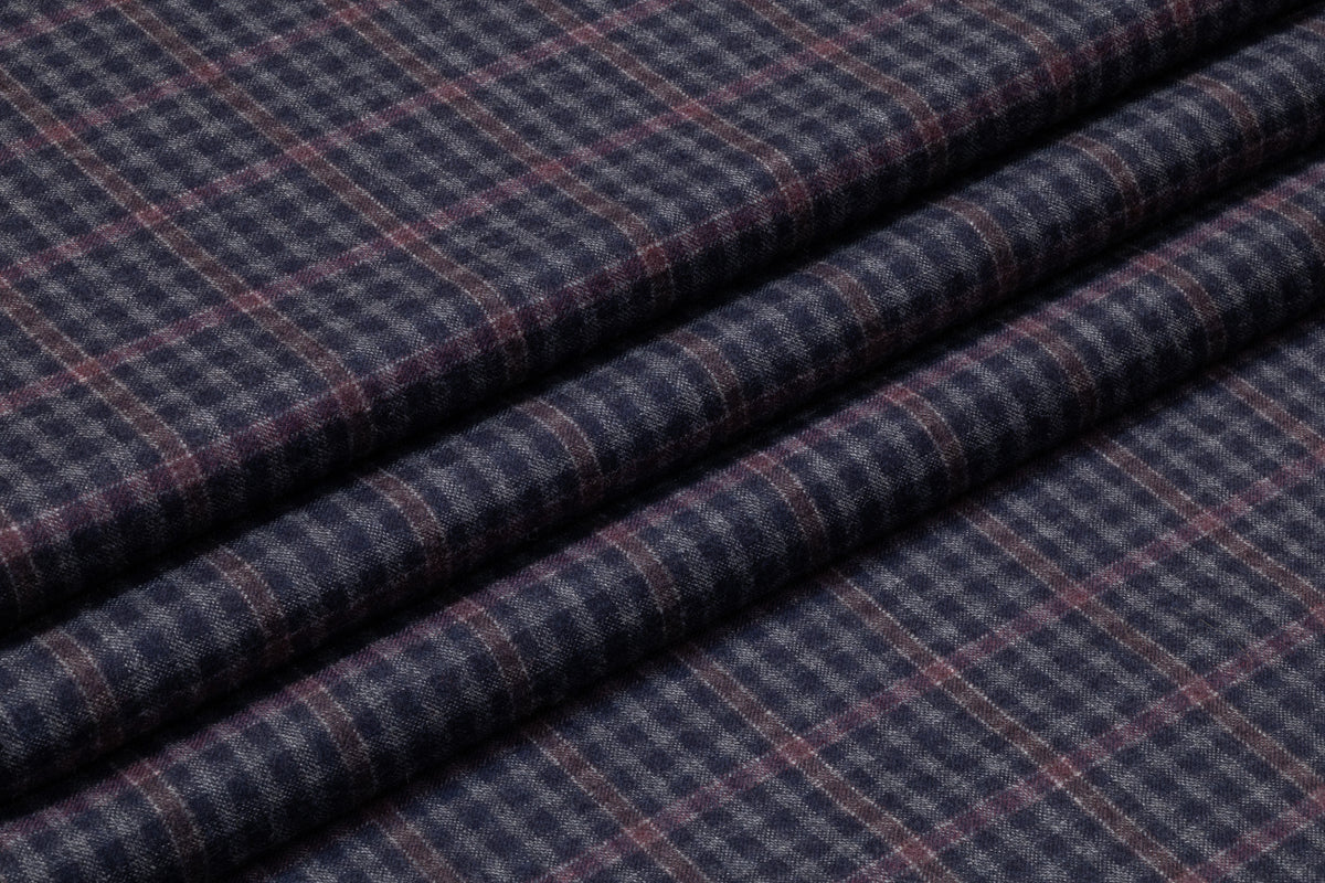 Checked Italian Wool Nylon Flannel Suiting - Navy / Plum