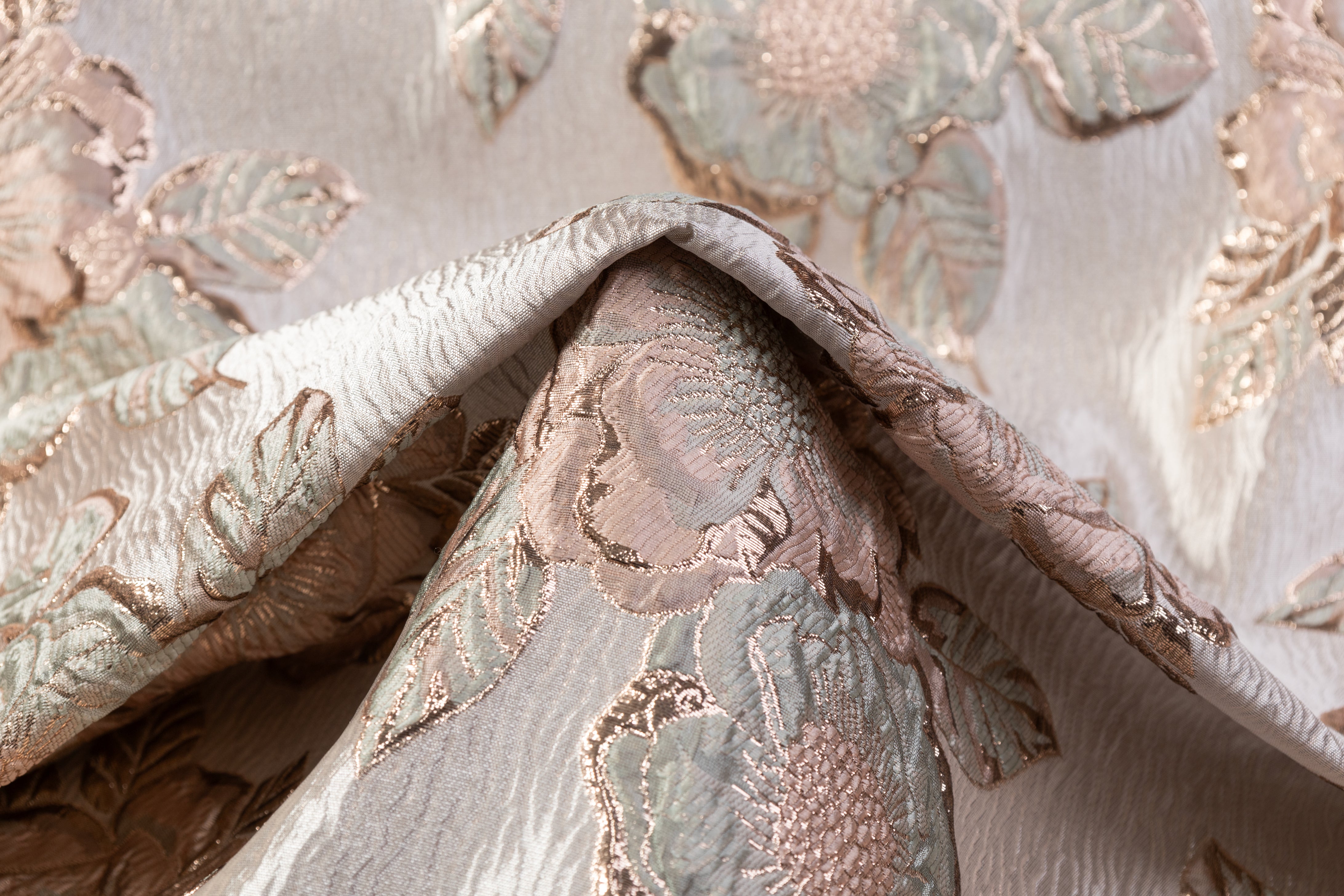 Floral Crushed Metallic Brocade - Sage / Blush / Beige