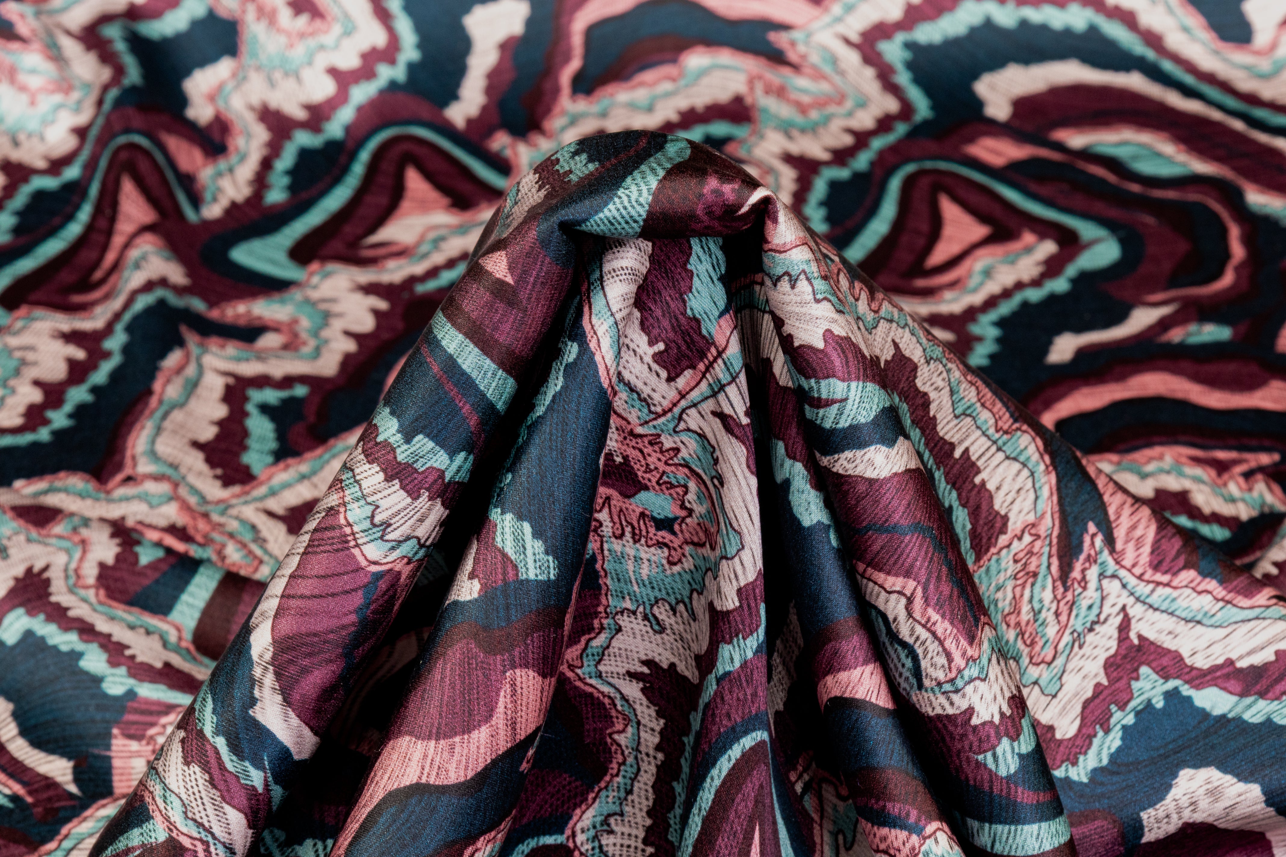 Abstract Italian Silk Charmeuse - Teal / Mauve